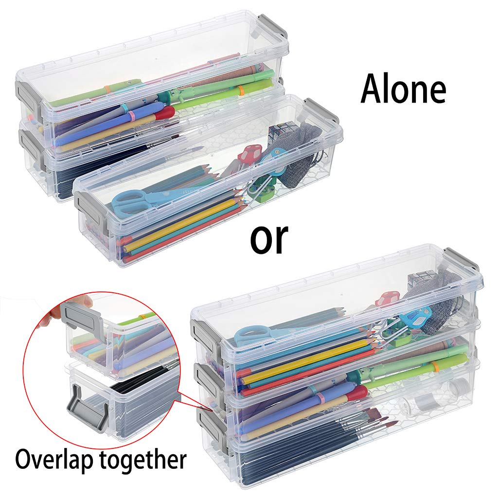 BTSKY 3-Pack Clear Plastic Stackable Storage Box with Grey Clip – Organizer for Pens, Pencils, Markers, Erasers & Office Supplies | Perfect for Home, Office & School Organization