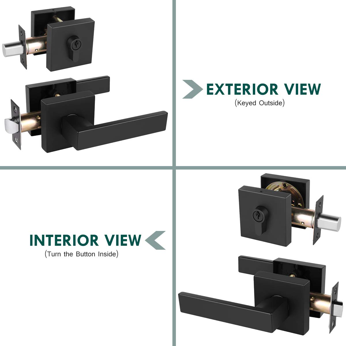 3 Pack Keyed Door Lockset with Deadbolt - Matte Black Square Handleset for Home Security (Bedroom/Front Door)
