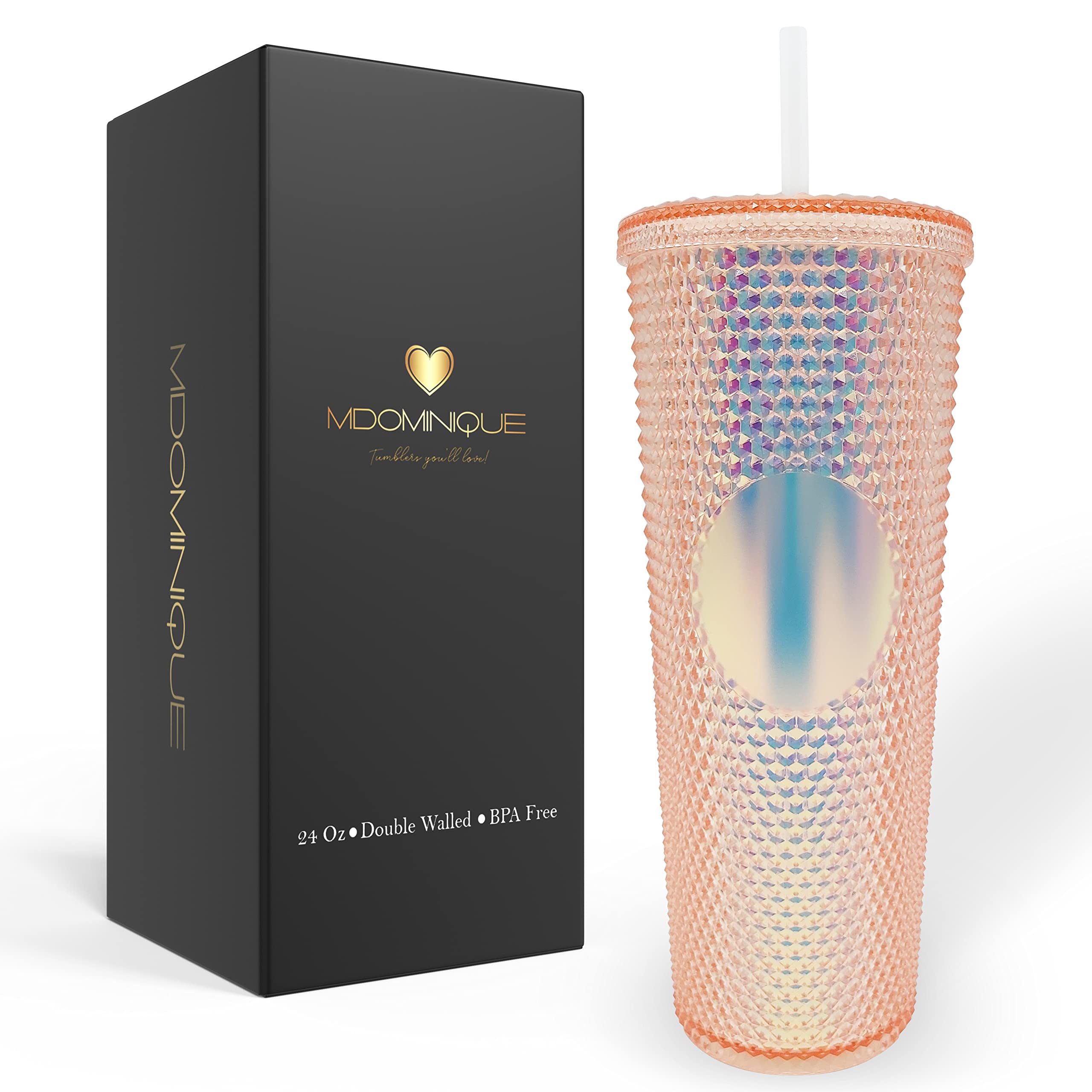 MDOMINIQUE 24oz Studded Tumbler with Lid & Straw - Reusable Insulated Cup for Hot & Cold Drinks - Coral Bling Glitter Design - Perfect for Office, Gym, Travel & Outdoor Activities
