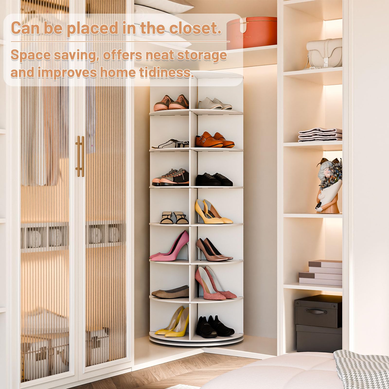 7-Tier Rotating Shoe Rack Organizer - 360° Spinning Shoe Storage Tower with Lazy Susan Base - Free Standing Round Shoe Carousel for Closet, Bedroom & Entryway Organization - Elegant Space-Saving Shoe Rack for Sneakers, Heels & Boots