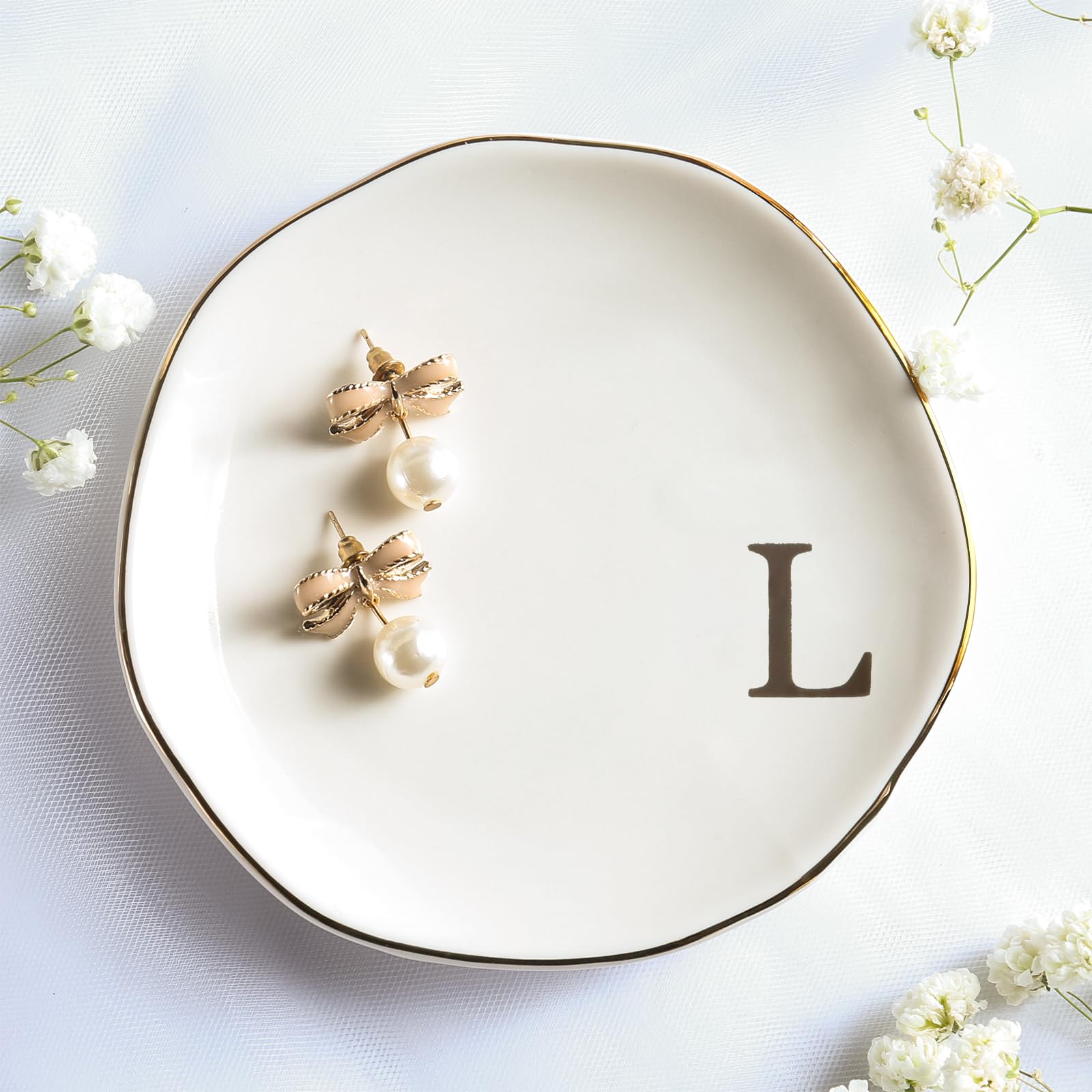 Personalized Ceramic Jewelry Tray with Monogram - Elegant Ring Dish for Engagement, Wedding & Birthday Gifts - Perfect for Women, Mothers Day - White Ceramic Jewelry Organizer (4.75