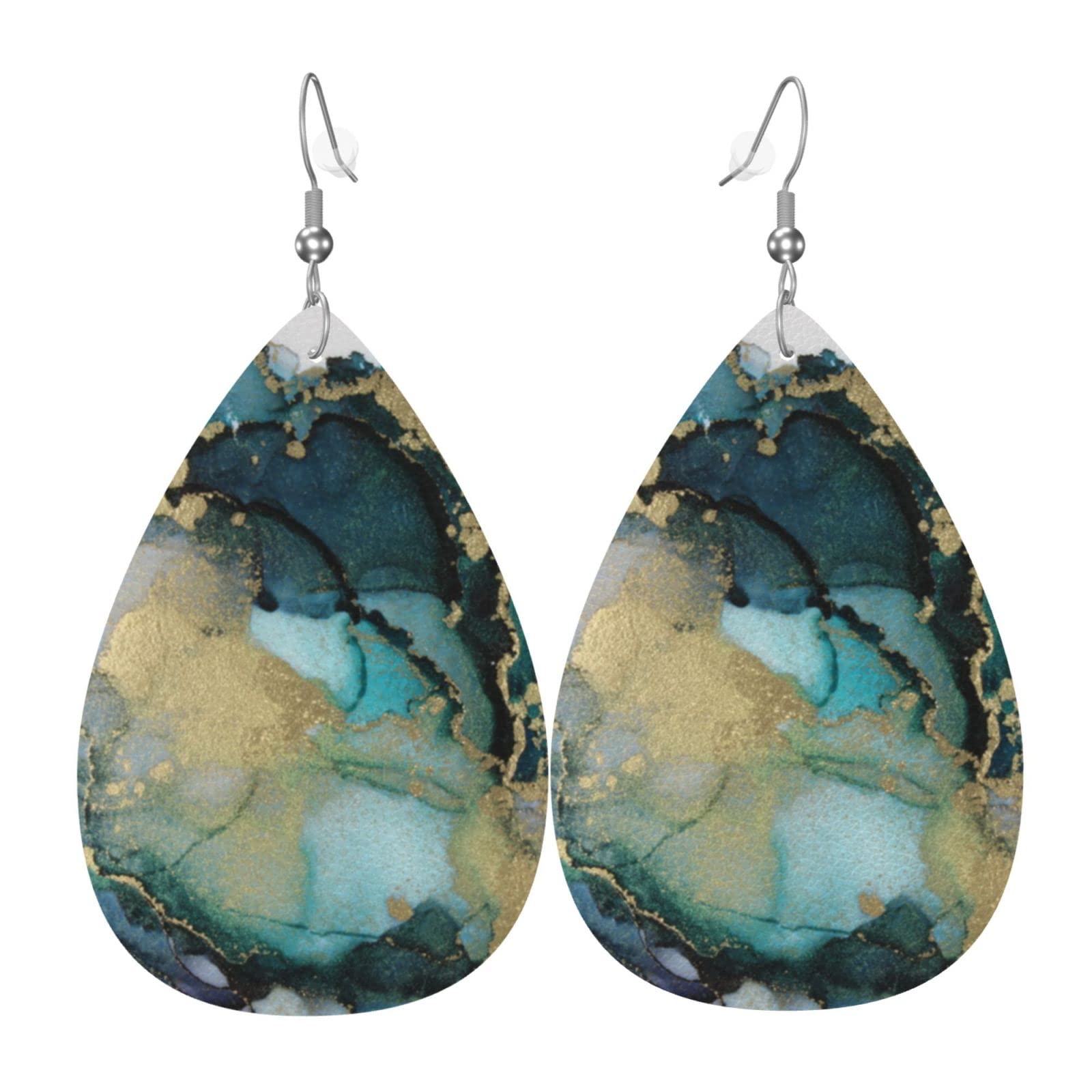 Teal Black Gold Alcohol Ink Fluid Art Faux Leather Drop Dangle Earrings for Women - Handmade Boho Chic Jewelry Gift for Moms, Daughters & Girls | Perfect for Parties, Weddings & Everyday Wear