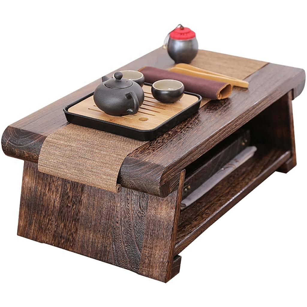 2-Tier Coffee Table with Storage Shelf - Retro Japanese Tea Table & Tatami Style Living Room Table - Dark Brown 68x35x28cm - Perfect for Small Spaces, Bay Windows & Zen Home Decor