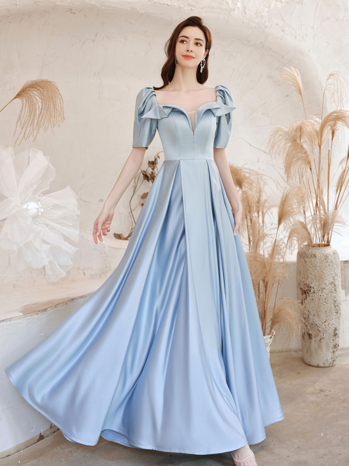 Elegant A-Line Square Neck Satin Long Prom Dress in Royal Blue | Formal Evening Gown for Homecoming, Ball & Special Occasions