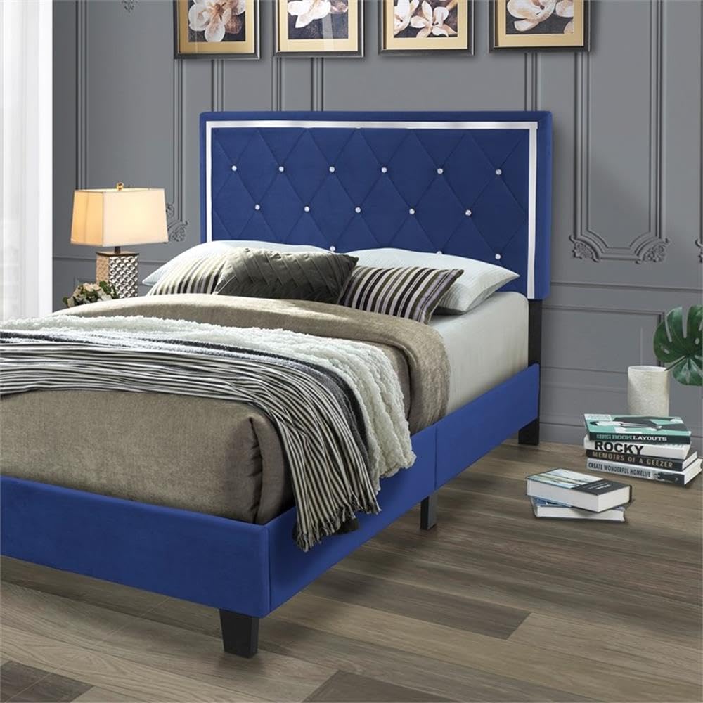 Pemberly Row Modern Velvet Upholstered Queen Size Platform Bed Frame - Luxurious Blue Velvet Fabric - Perfect for Contemporary Bedroom Decor & Master Suite Upgrade