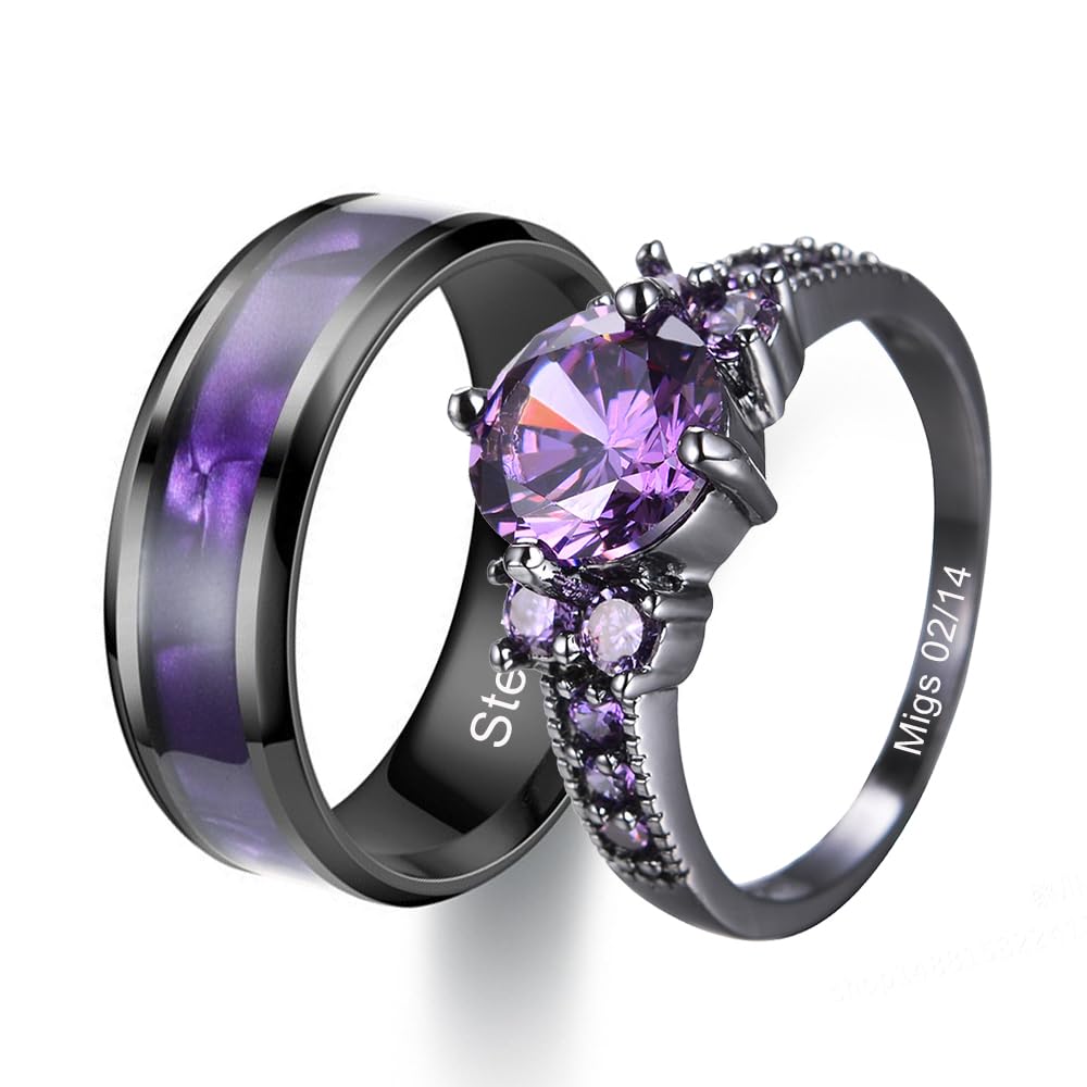Custom Engraved Titanium Couple Rings Set - Purple & Black/Blue Matching Promise Rings for Him and Her - Wedding Bands & CZ Engagement Rings (Size 5-13) - Perfect for Anniversaries, Proposals & Romantic Gifts