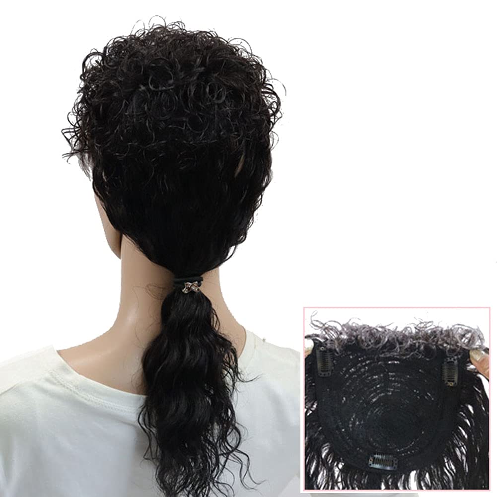 Natural Black Human Hair Topper for Women - 100% Real Clip-in Curly Hair Extension with Bangs (40cm) | Perfect for Thinning Hair, Alopecia & Everyday Styling