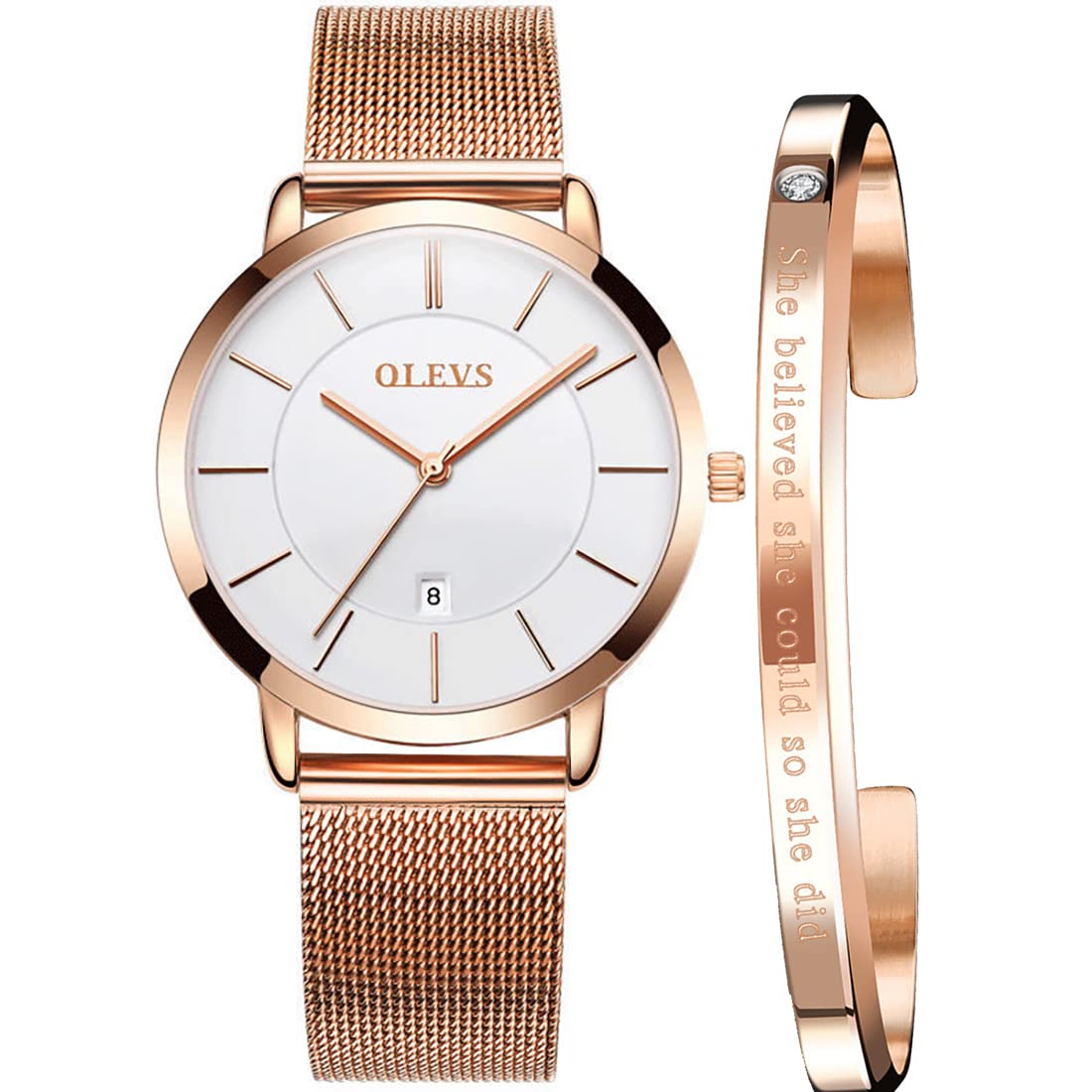 OLEVS Classic Women's Rose Gold Stainless Steel Watch with Japanese Quartz Movement - Waterproof Analog Dress Watch, White Blue Dial, Big Face - Perfect for Office, Party & Everyday Wear