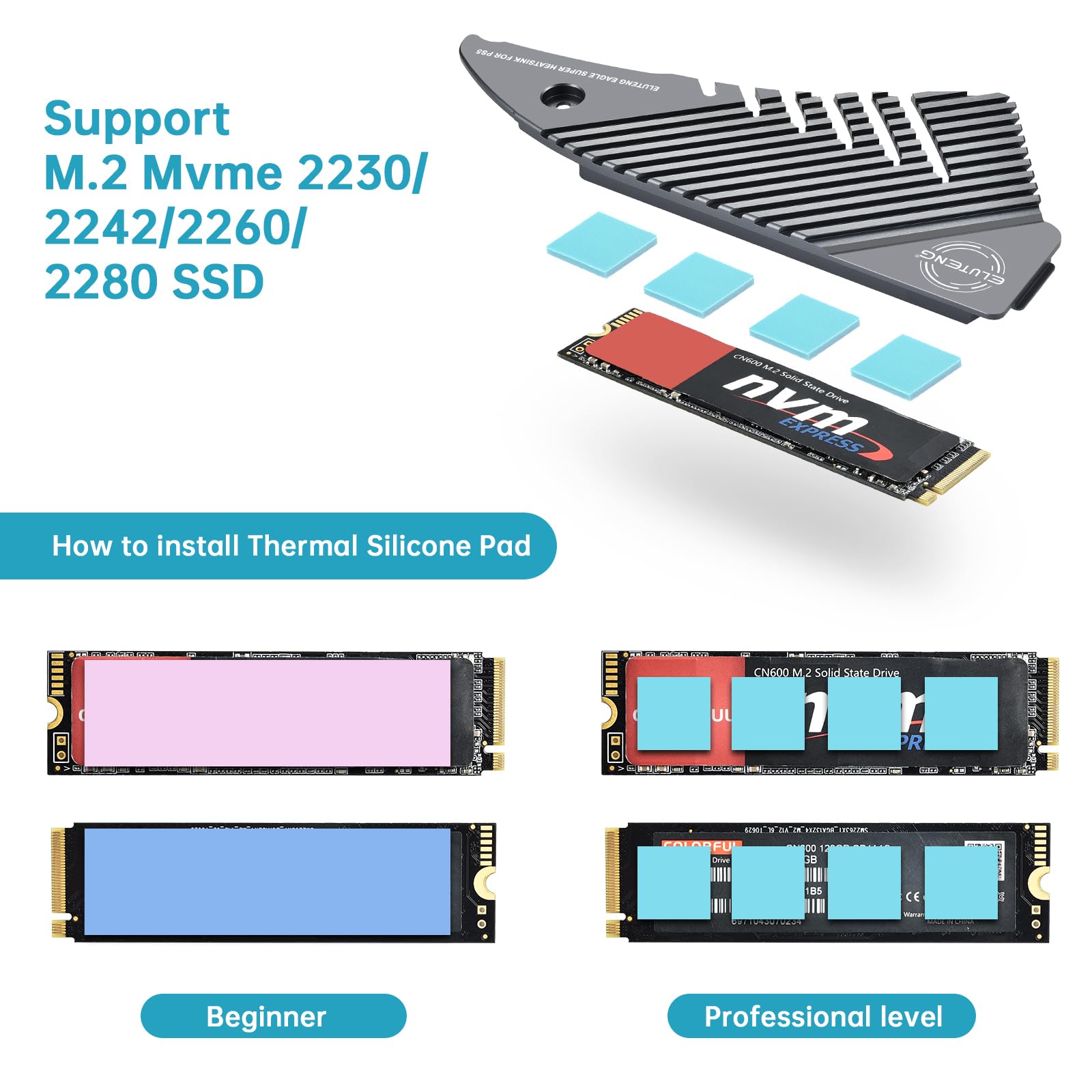 ELUTENG PS5 SSD Heatsink Cover with 4 Thermal Pads - Aluminum M.2 2280 NVME Cooling Kit for PS5 & Gaming PC - 2-in-1 Heat Sink with Mounting Posts (Black) - Perfect for Enhanced Gaming Performance and PC Cooling Solutions