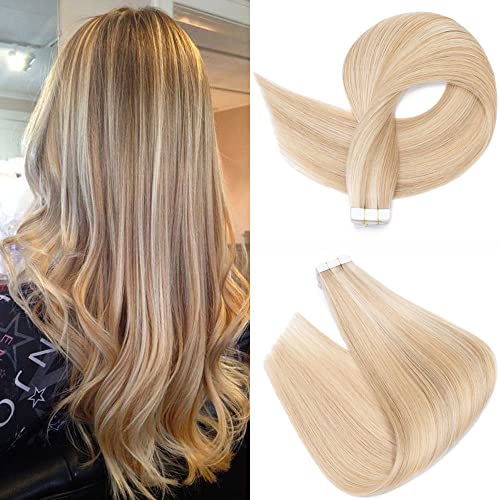20pcs 50g Tape in Hair Extensions - 100% Remy Human Hair, Balayage Ash Blonde with Highlights, Seamless Straight Double Sided Tape Ins (16 inch #18P613) - Perfect for Parties, Weddings & Daily Styling