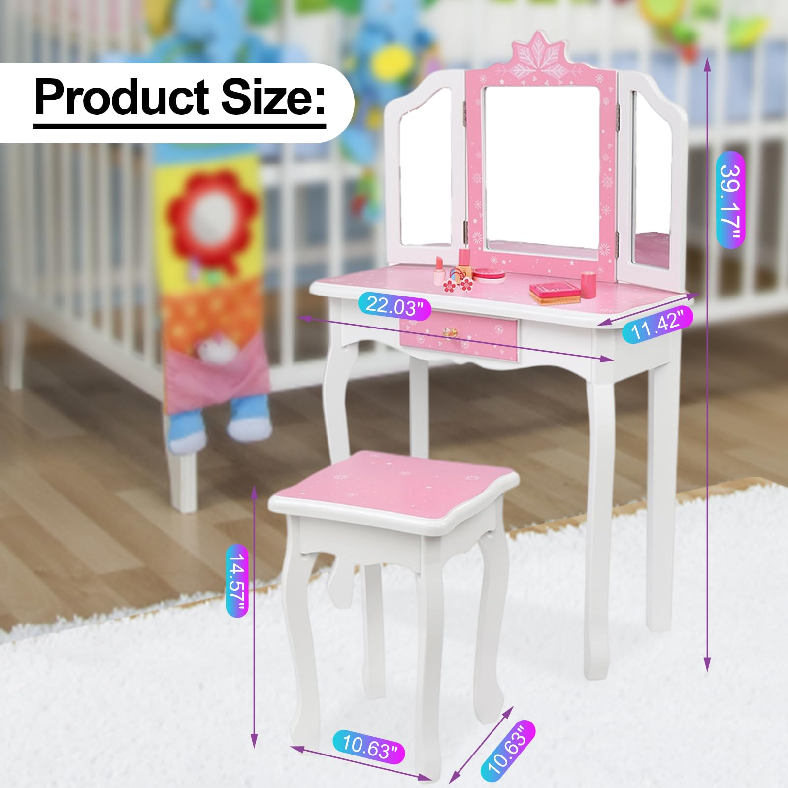 BELANITAS Kids Vanity Set with Mirror - Tri-Folding Vanity Table & Chair Set for Girls, Pink Princess Makeup Dressing Table with Drawer & Stool, 2-in-1 Toy Storage & Play Set - Perfect for Birthday Gifts, Pretend Play & Bedroom Decor