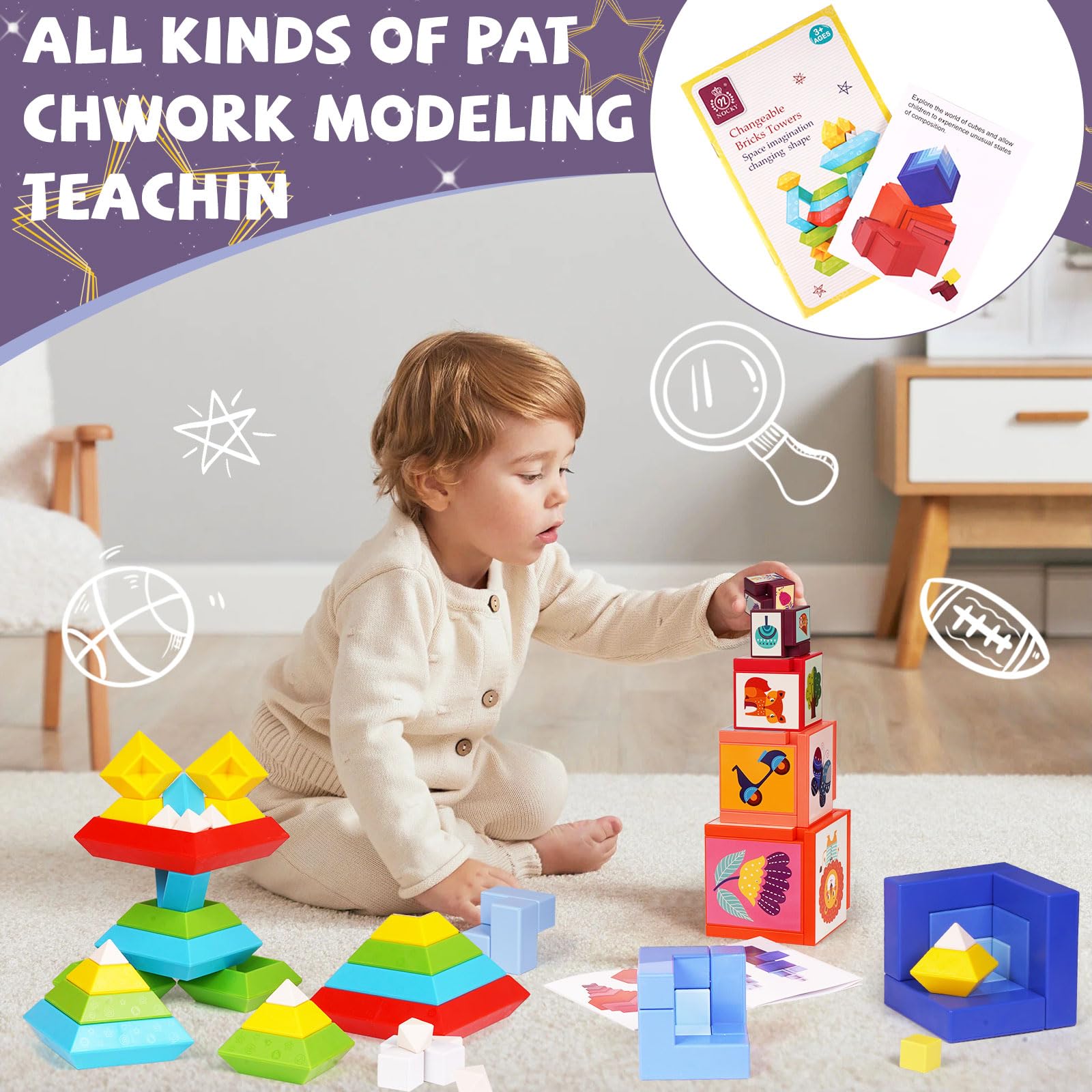 Agirlgle 3-in-1 Stacking Building Blocks - Montessori Educational Toys for Toddlers | STEM Sensory Learning Pyramid, Changing Cube & Puzzle Geometric Blocks | Preschool Activities, Birthday Gifts for Kids | Perfect for Classroom, Daycare & Home Playtime