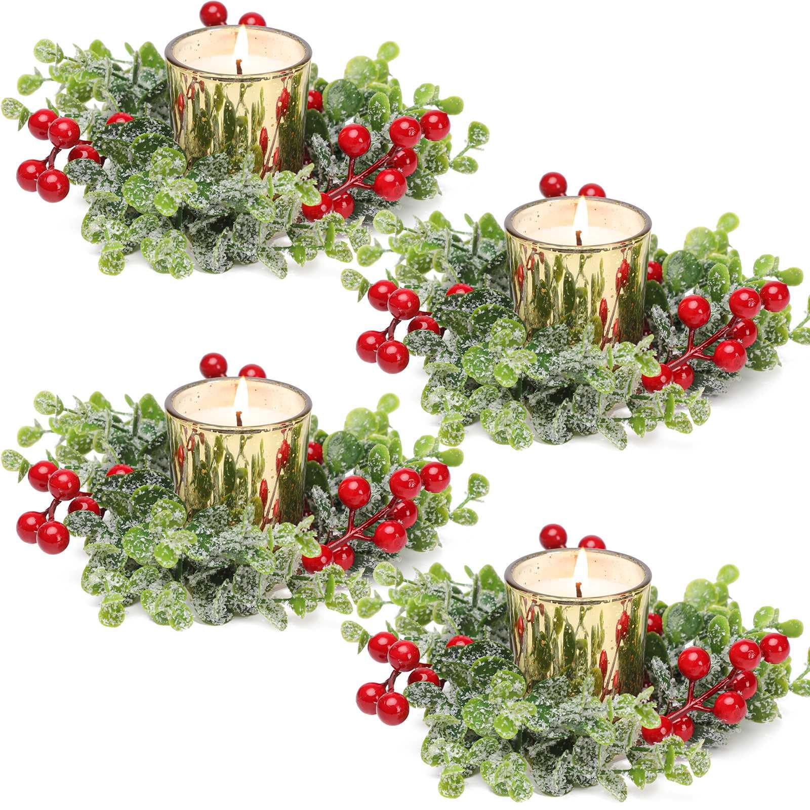 4-Pack Gold Votive Candles with Red Berry Christmas Candle Ring Wreath - Elegant Holiday Table Centerpiece for Christmas Party, Home Decor & Festive Gatherings
