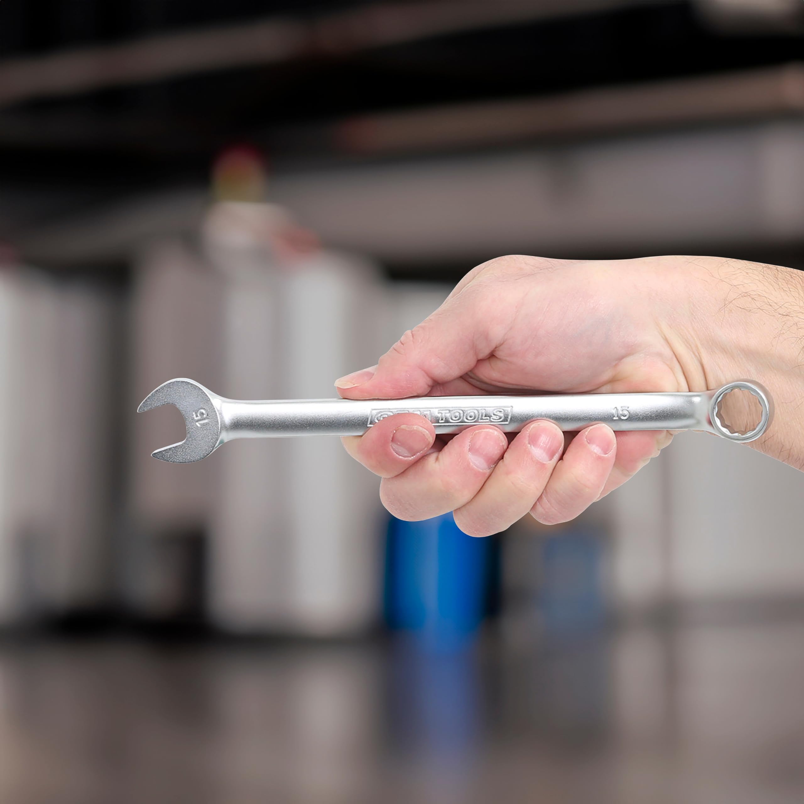 OEMTOOLS 22018 15mm Metric Combination Wrench - Long Shaft for Extra Torque & Leverage - Smooth Open End Protects Soft Fasteners - Professional Mechanic Tool for Auto Repair & DIY Projects