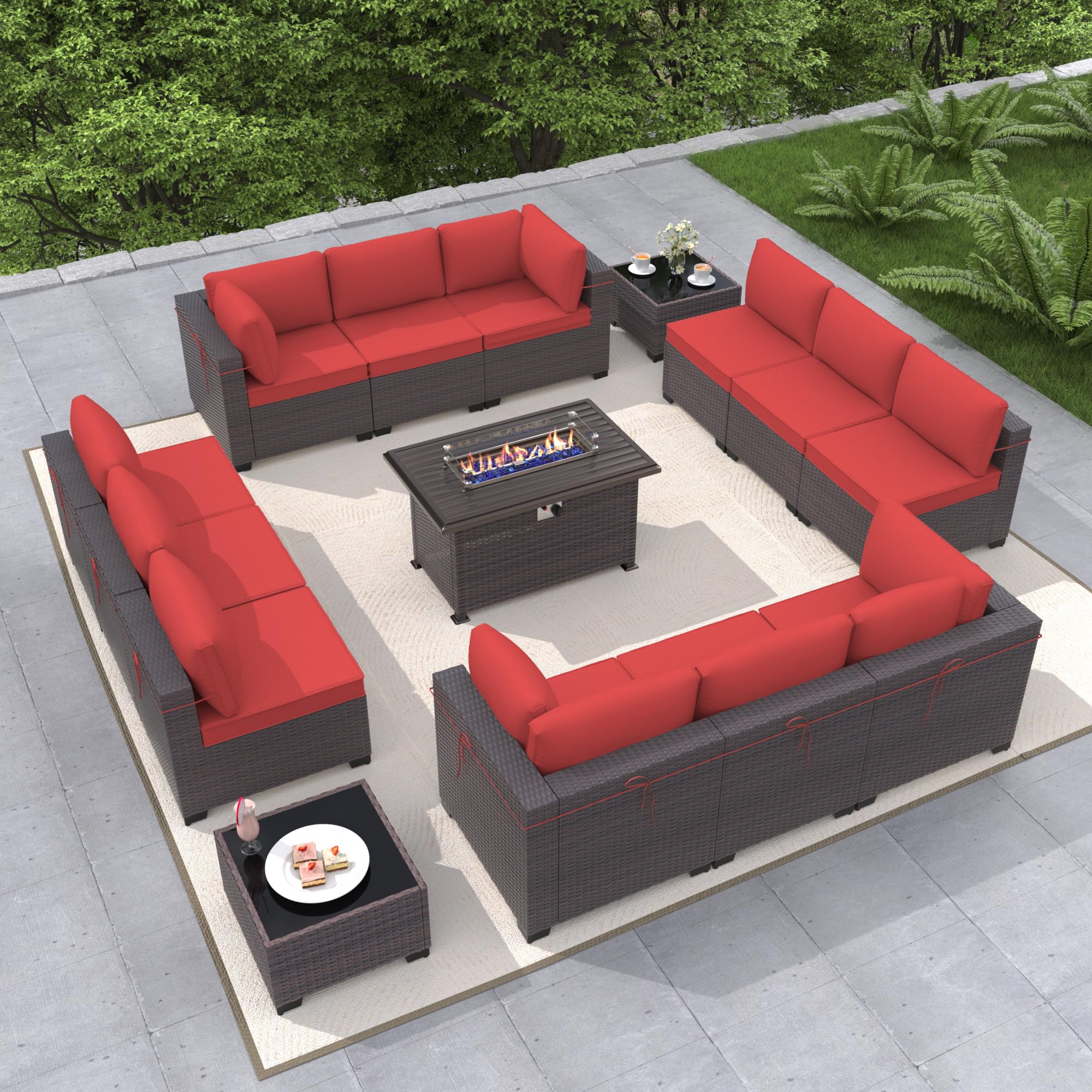 Gotland 15-Piece Outdoor Patio Furniture Set with 43-inch Gas Fire Pit Table - 55,000 BTU Auto-Ignition Sectional Sofa Set with Glass Wind Guard - Perfect for Backyard, Garden, Poolside & Outdoor Entertaining