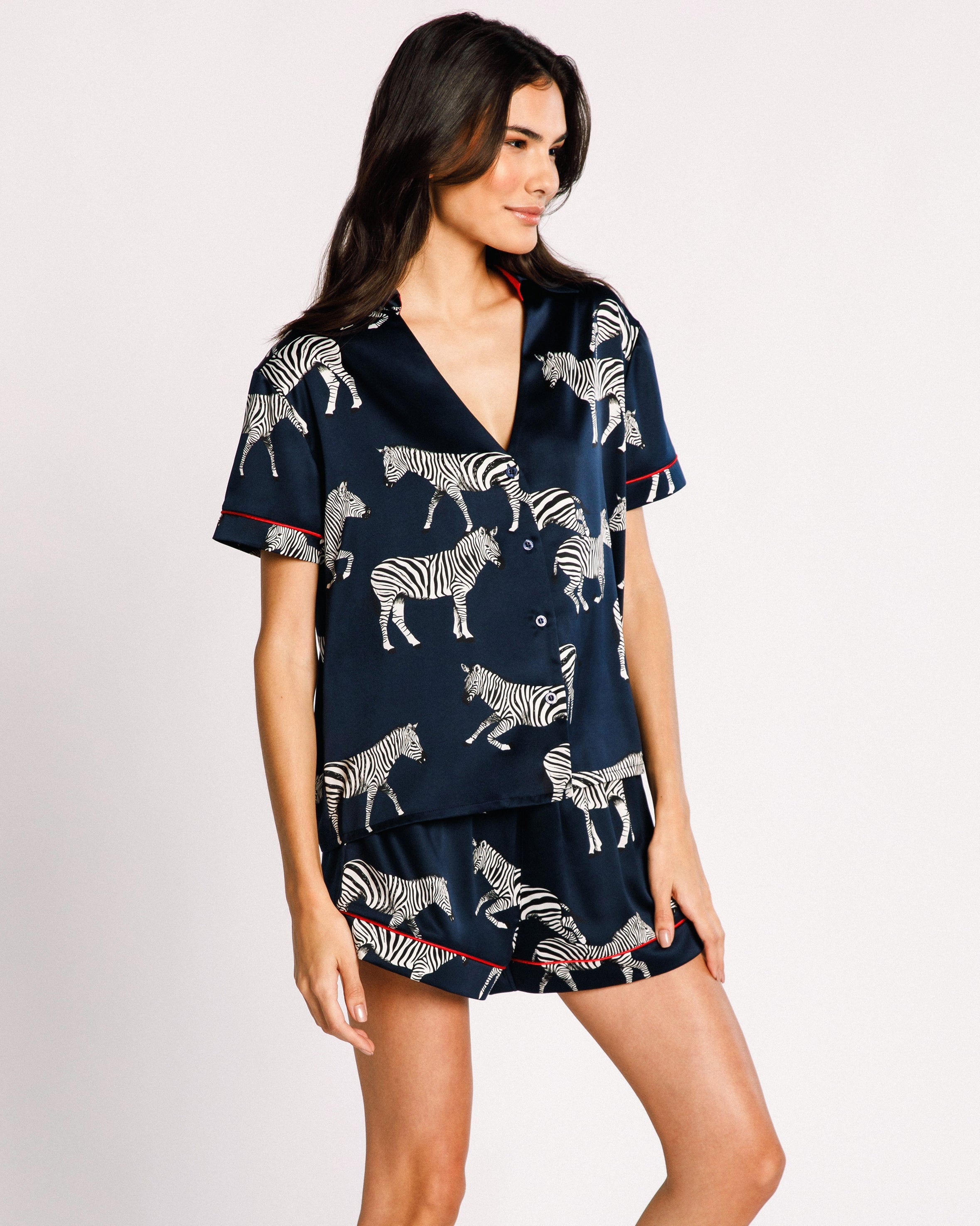 Satin Zebra Print Short Pajama Set for Women - Navy Blue Sleepwear for Summer & Lounge Wear - Comfortable Nightwear for Relaxing at Home