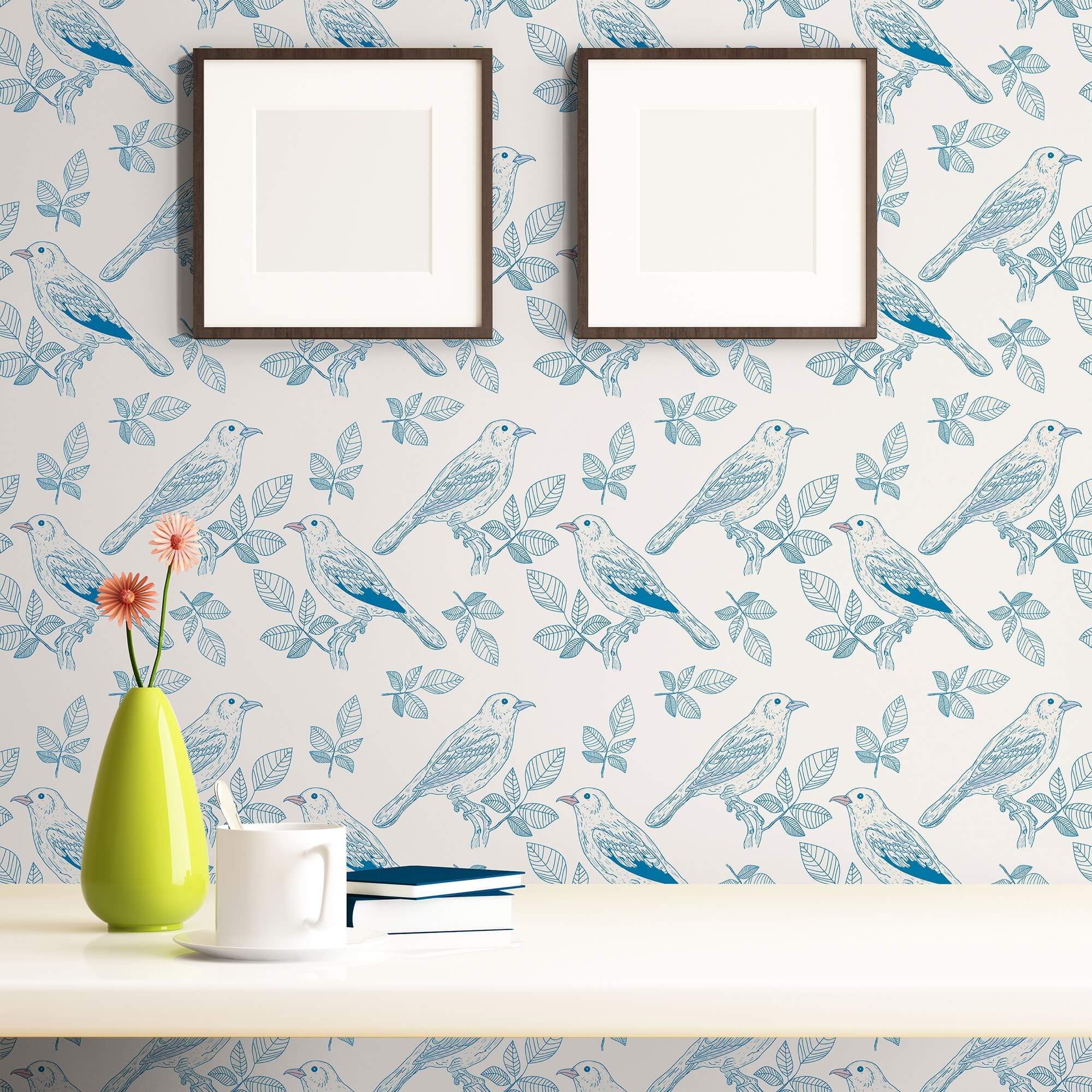 Silver and Blue Floral Animal Peel and Stick Removable Wallpaper 3836 - Self-Adhesive Decorative Wall Covering for Bedroom, Nursery, Living Room, Dorm