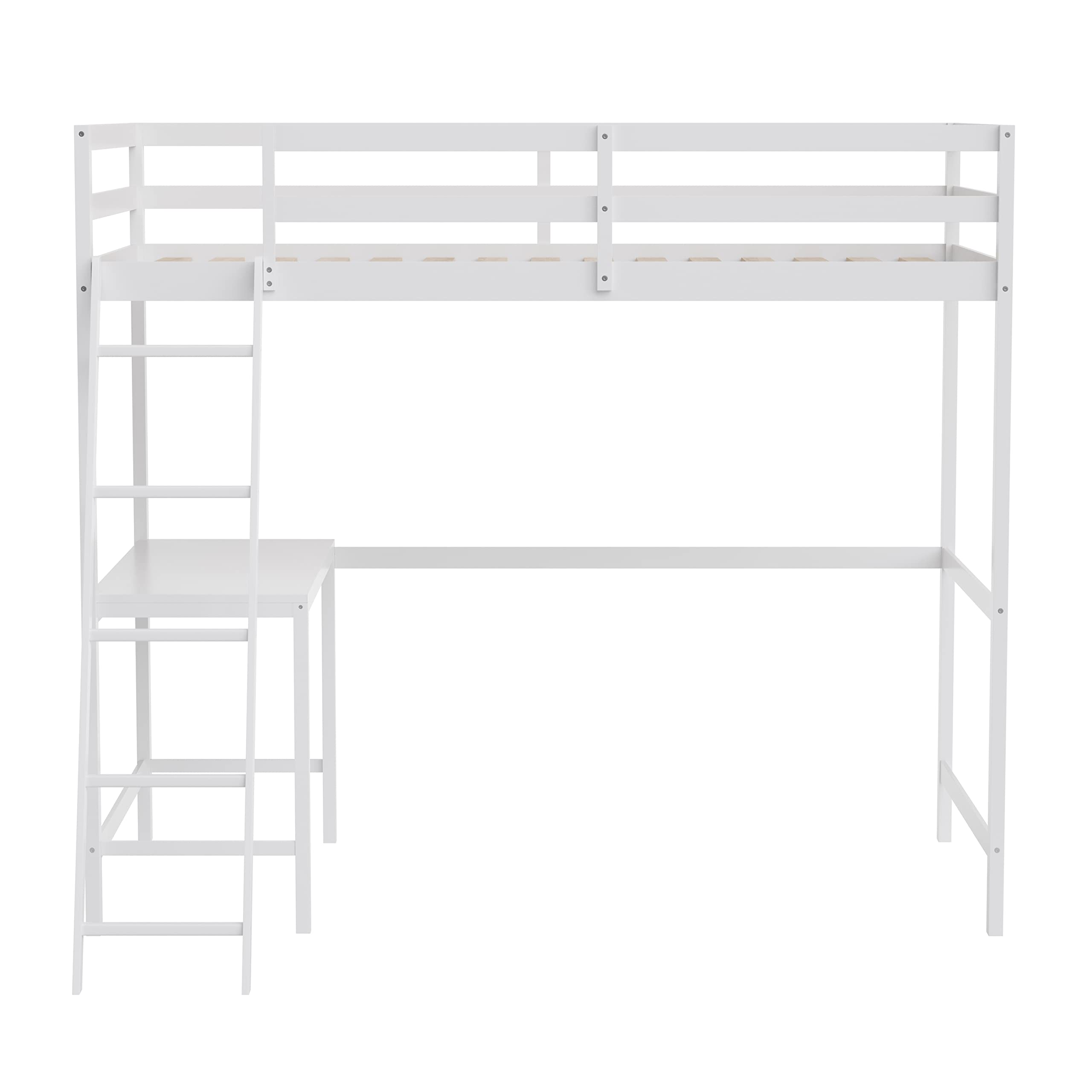 Emma & Oliver Ridley Twin Size Loft Bed with Built-in Desk - White Pine Wood Frame with Safety Guardrails - Fits 6-8