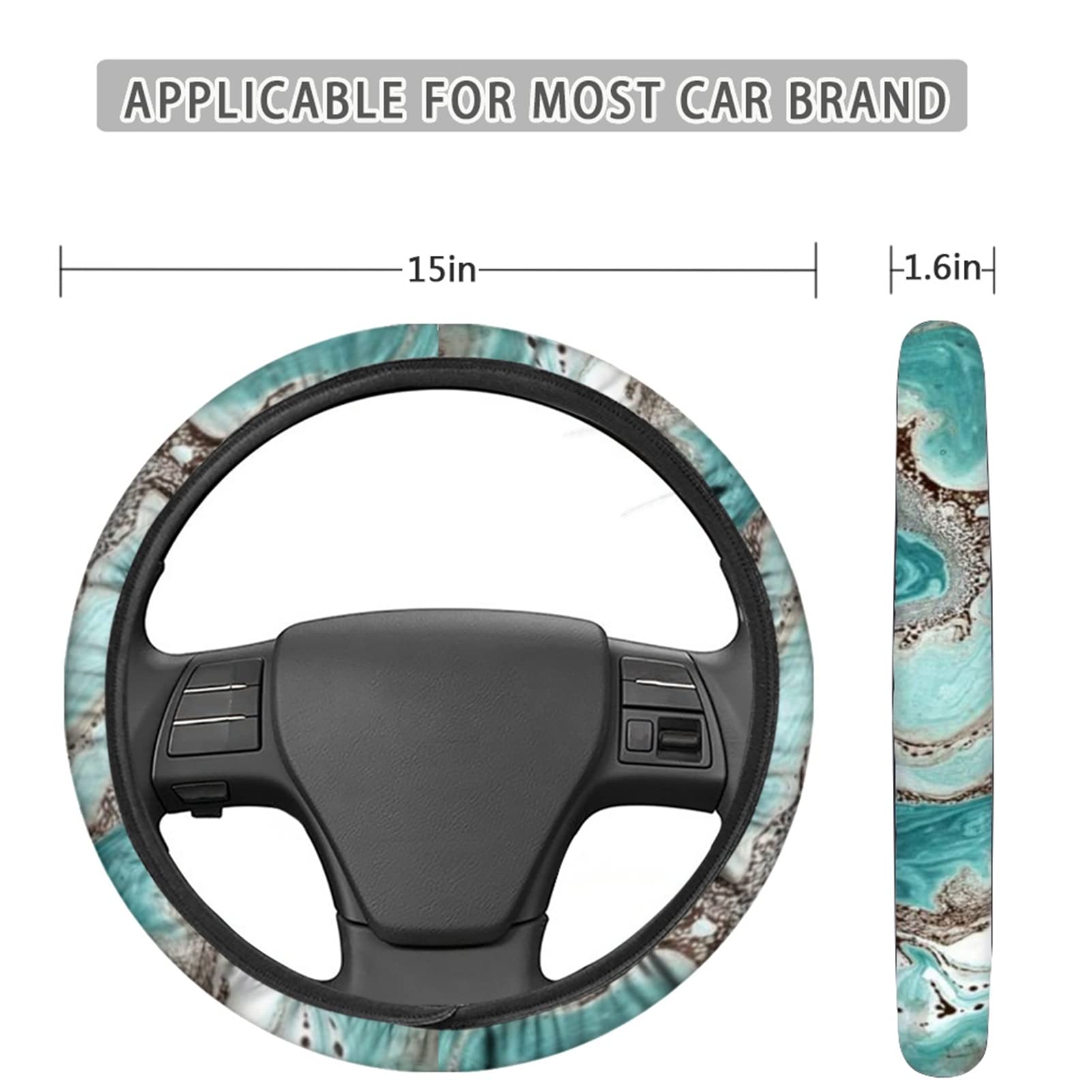 Premium Teal Marble Car Steering Wheel Cover Set - Soft Auto Seat Belt Cover, Armrest Cover & Center Console Pad - Universal Fit for Most SUV, Truck, Sedan - Enhance Comfort & Style for Long Drives & Commutes