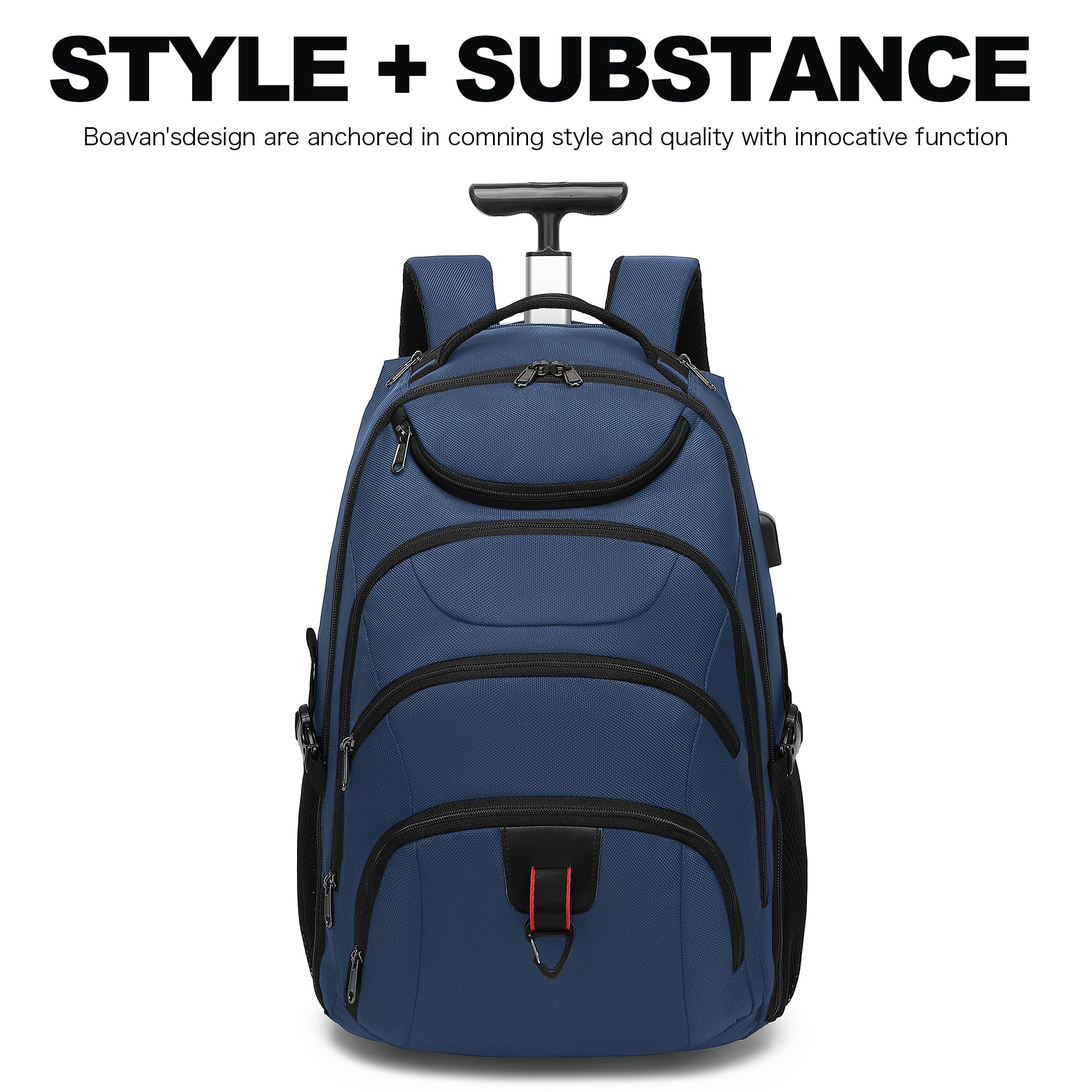 Boavan 17 Inch Rolling Backpack - Water Resistant Wheeled Carry On Luggage with Laptop Compartment | Business Travel Backpack for College, Work & Overnight Trips | Durable Trolley Suitcase for Men & Women (Black) - Perfect for Air Travel, Commuting & Campus Use