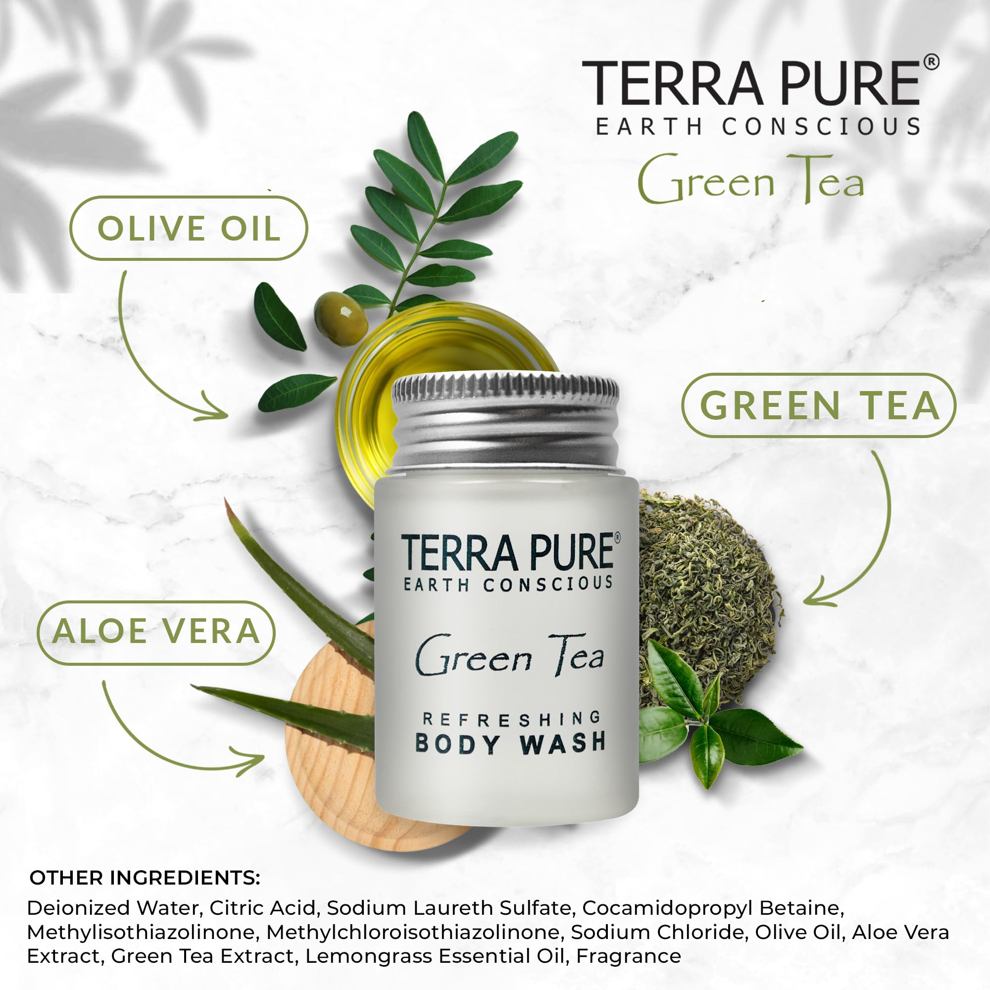 Terra Pure Green Tea Body Wash with Organic Honey & Aloe Vera - 1 oz Travel Size in Jam Jar (Pack of 300) - Perfect for Hotels, Spas & Eco-Friendly Gifts