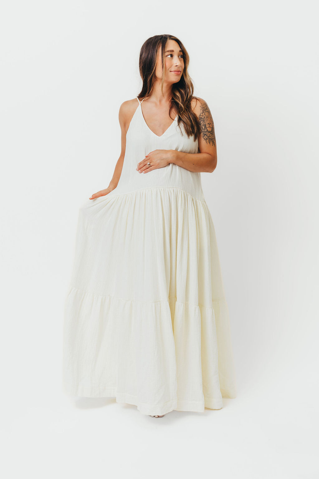Solenne Women's Elegant Cream Maxi Dress - Perfect for Summer Weddings, Beach Vacations & Casual Outings