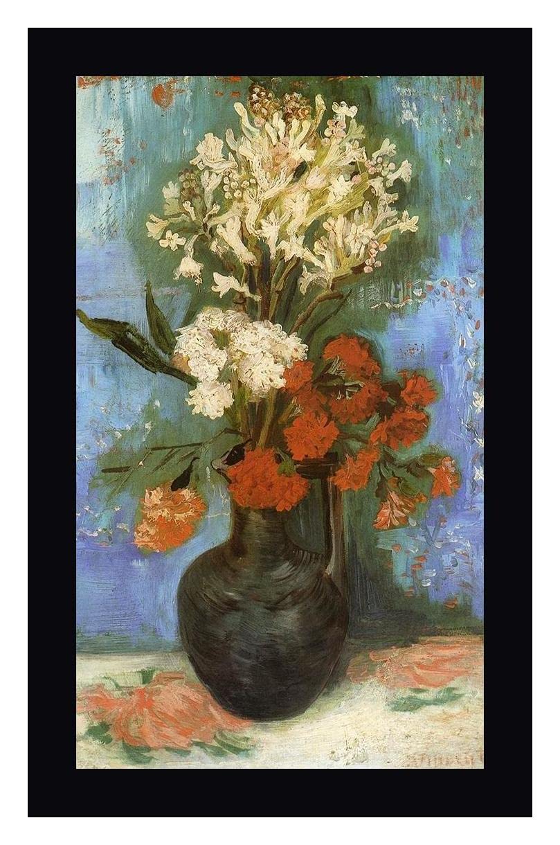 Vincent Van Gogh 'Vase with Carnations and Other Flowers' 13x20 Inch Framed Canvas Art Print - Black Wood Frame - Ready to Hang Wall Decor for Living Room, Bedroom, Office