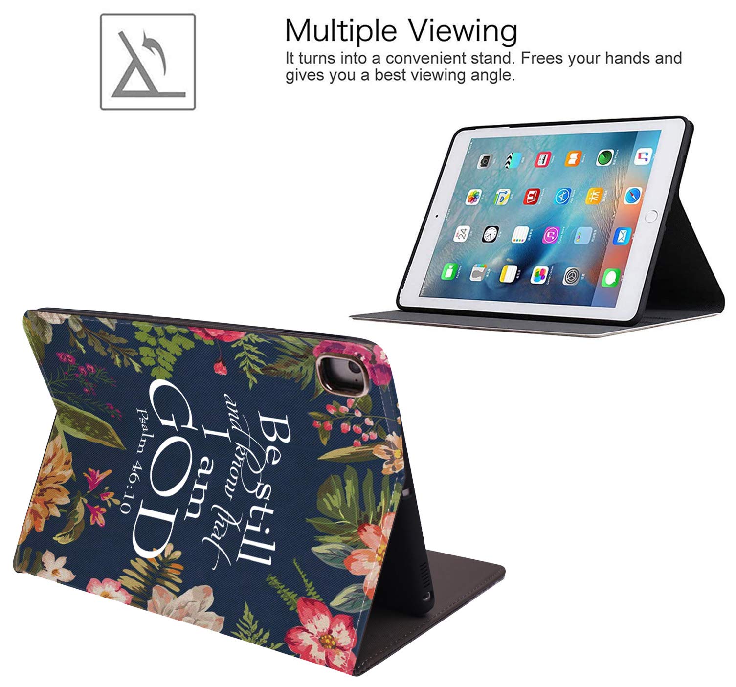 Premium Leather iPad Case for iPad 9.7 (2018/2017), iPad Air 2, iPad Pro 9.7 & iPad 6th/5th Gen - Adjustable Stand with Auto Wake/Sleep & Bible Verse Design (Psalm 46:10) - Perfect for Work, Study & Travel Protection