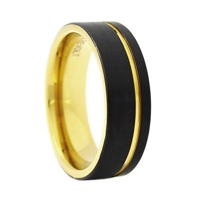 8mm Black Tungsten Carbide Wedding Band for Men - Comfort Fit Ring with Gold PVD Interior & Off-Center Groove - Durable & Scratch Resistant Ring for Anniversary, Engagement & Everyday Wear