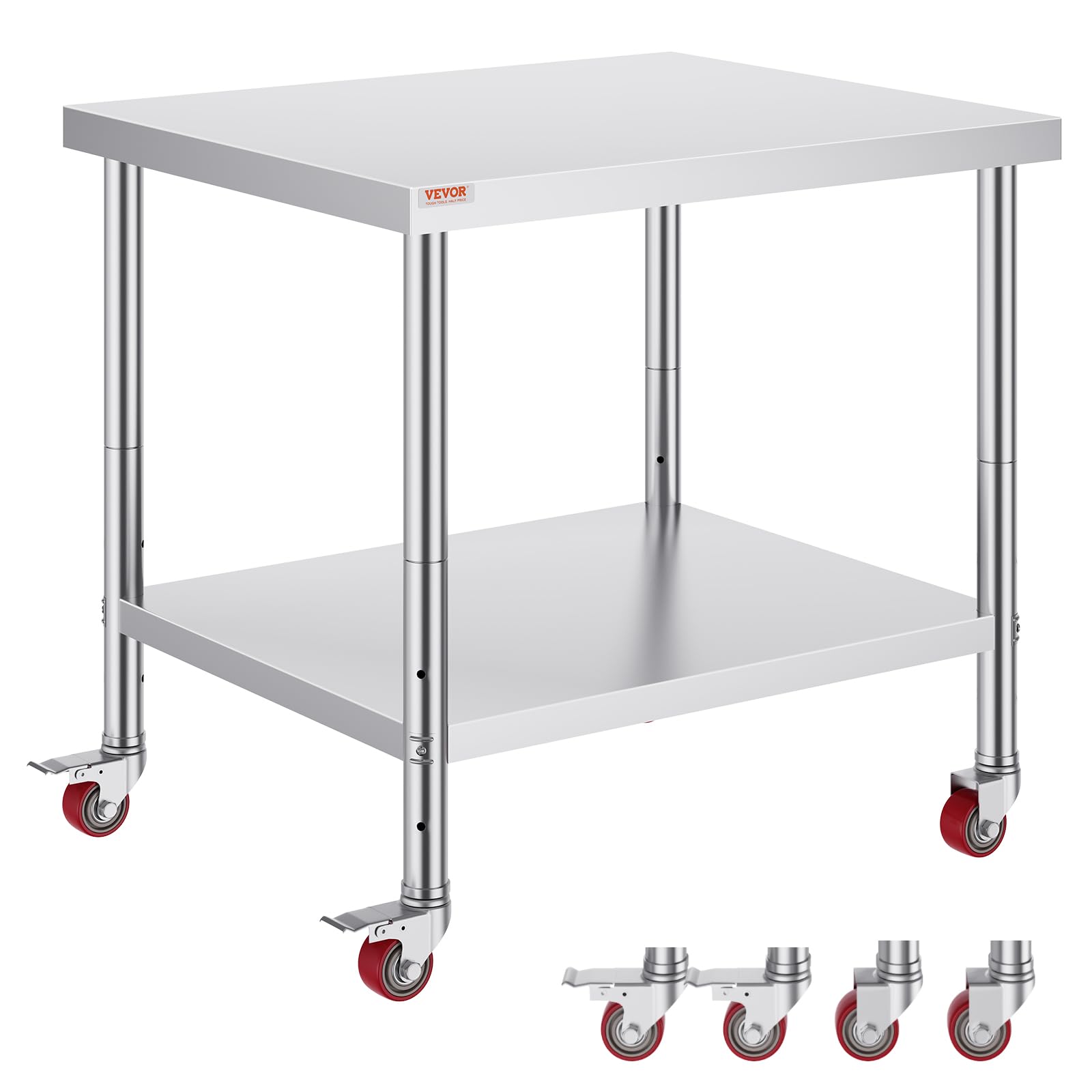VEVOR 30x36x34 Inch Stainless Steel Commercial Work Table with 3-Stage Adjustable Shelves & 4 Locking Wheels - Heavy Duty Food Prep Table for Restaurant Kitchen, Bakery, Butcher Shop & Catering Services