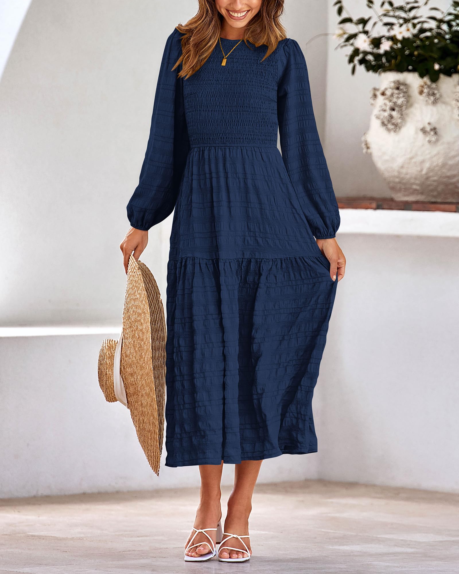 Dowerme Women's Boho Maxi Dress 2025 - Long Sleeve Smocked Tiered A-Line Flowy Wedding Party Dress for Spring | Perfect for Beach Weddings, Garden Parties & Special Occasions