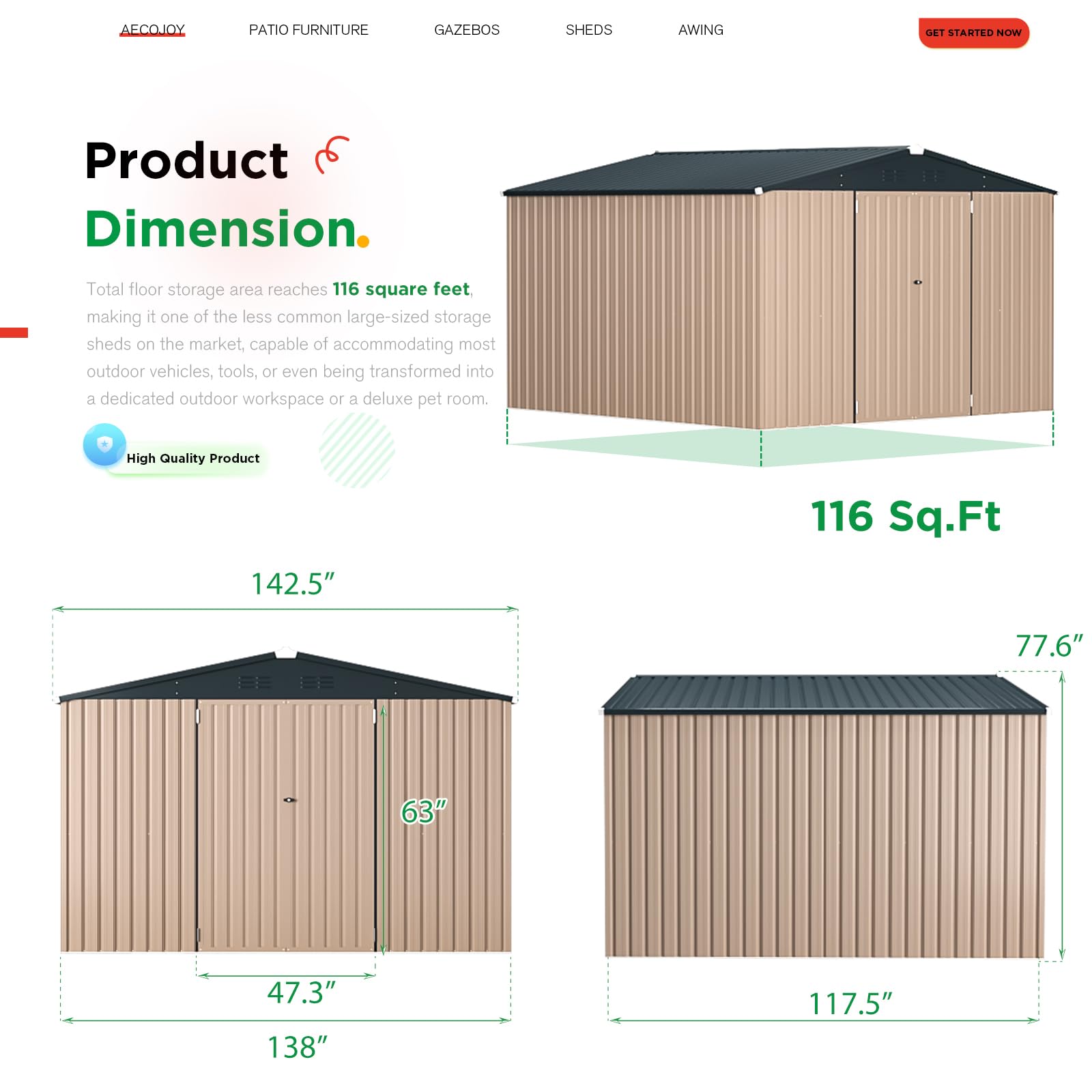 AECOJOY 12' x 10' Extra Large Metal Storage Shed - 116 Sq.Ft Steel Yard Shed with Lockable Doors | Heavy-Duty Utility & Tool Storage for Garden, Backyard, Patio | Perfect for Outdoor Equipment, Lawn Mowers, Bikes & Seasonal Items