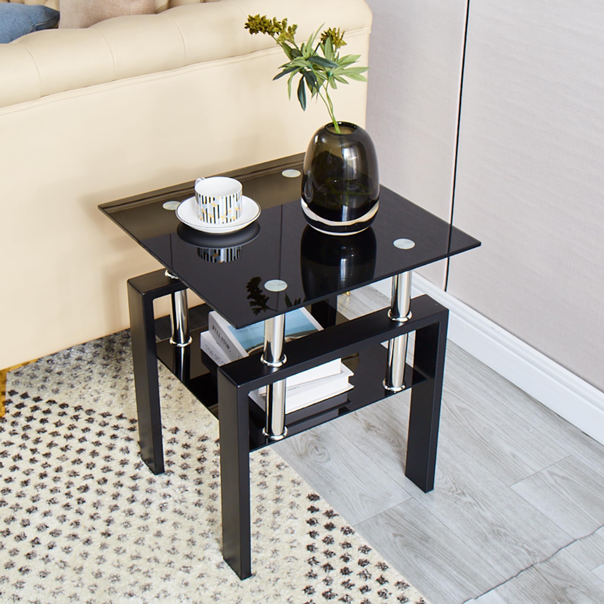 Modern Black Glass Coffee Table Set of 3 - Transparent Living Room Furniture with Waterfall Design - Includes Coffee Table & End Tables - Perfect for Small Spaces, Apartments & Contemporary Home Decor
