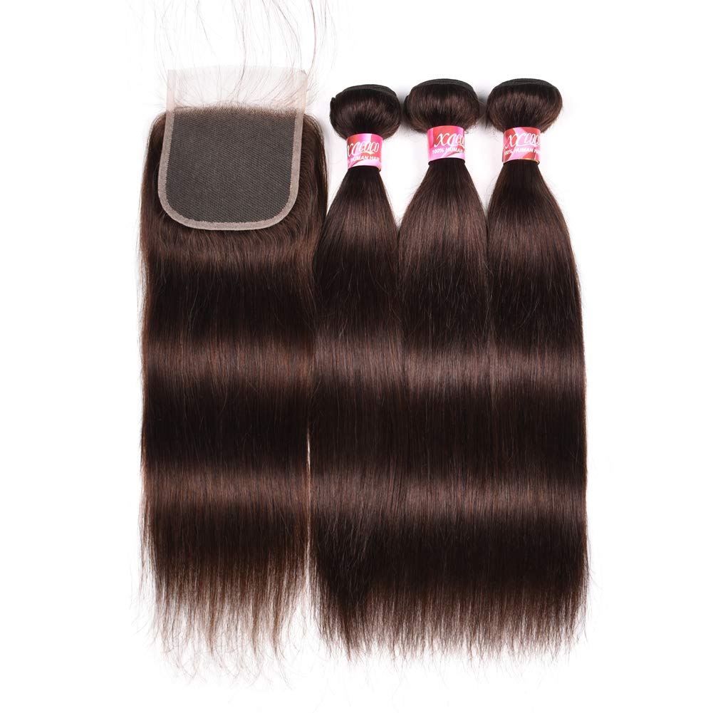 XCCOCO 3 Bundles Peruvian Silk Straight Human Hair with 4x4 Lace Closure - 8A Remy Virgin Hair in Dark Brown (12/14/16inch + 10inch Closure) - Perfect for Weaves, Extensions & Styling - Great for Holidays, Parties & Daily Wear