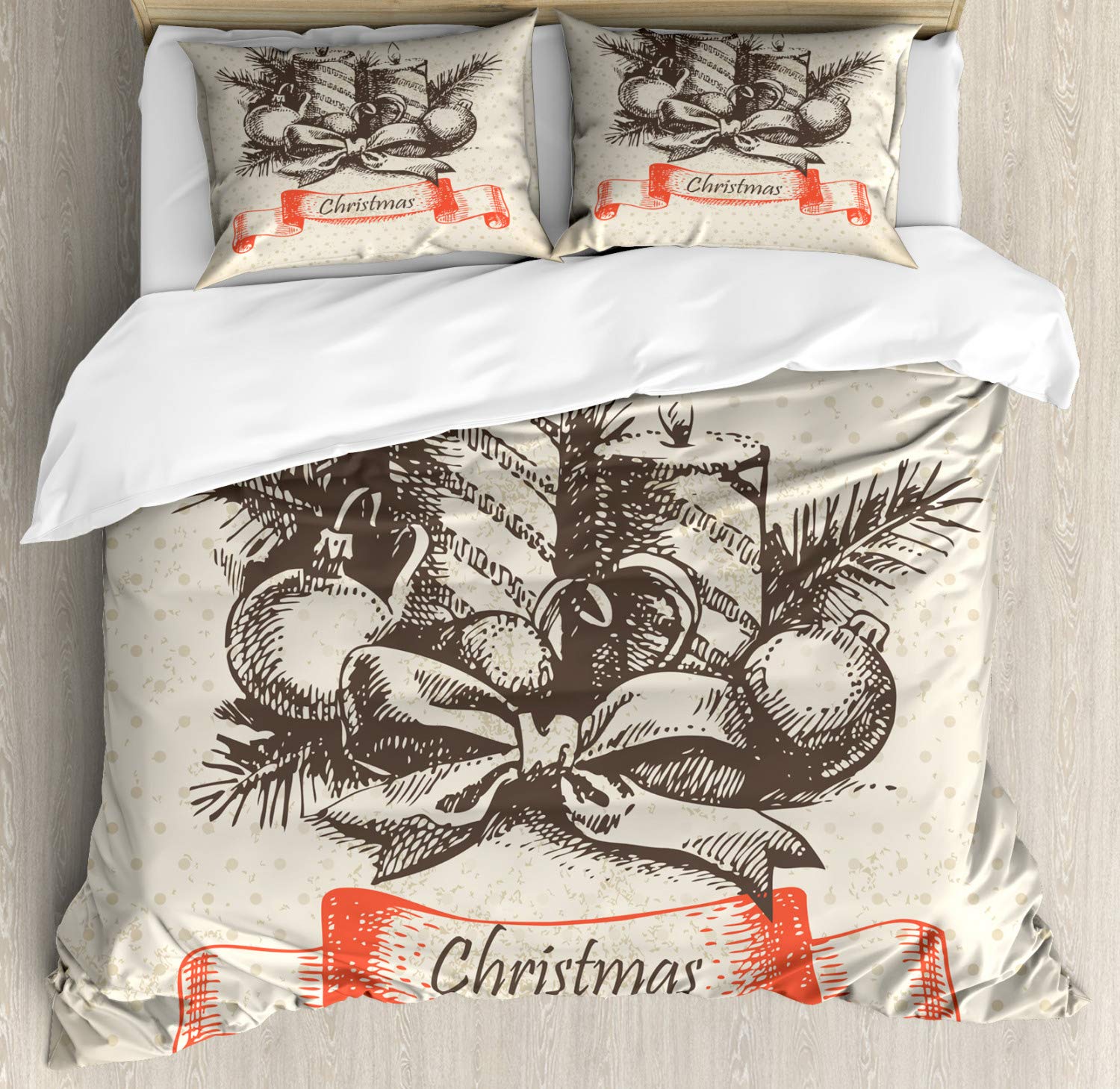 Ambesonne Vintage Christmas Duvet Cover Set - Merry Xmas Theme Hand-Painted Candles & Spruce Leaves on Polka Dots - 3-Piece Bedding Set with 2 Pillow Shams - California King Size in Brown/Tan/Vermilion - Cozy Holiday Bedroom Decor for Festive Winter Nights