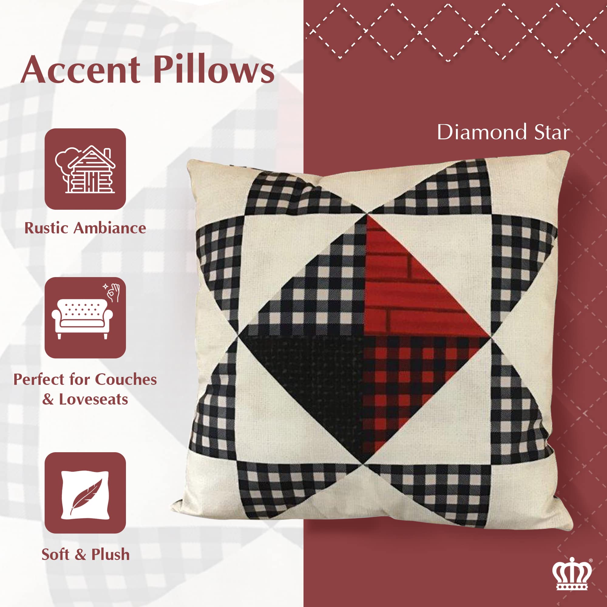 Virah Bella Diamond Star Throw Pillows - Set of 2 (18x18 Inches) - Decorative Farmhouse & Cabin Couch Pillows for Living Room, Bedroom, and Porch Decor