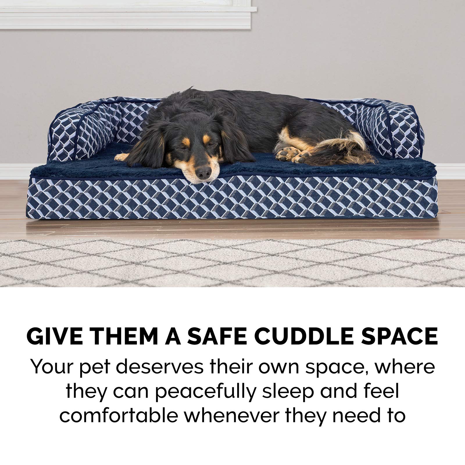 Furhaven Memory Foam Orthopedic Dog Bed for Large Dogs up to 125 lbs - Removable Bolsters & Machine Washable Cover - Plush Woven Sofa-Style Pet Bed in Diamond Blue (Jumbo Plus/XXL) - Perfect for Living Rooms, Bedrooms & Pet-Friendly Spaces