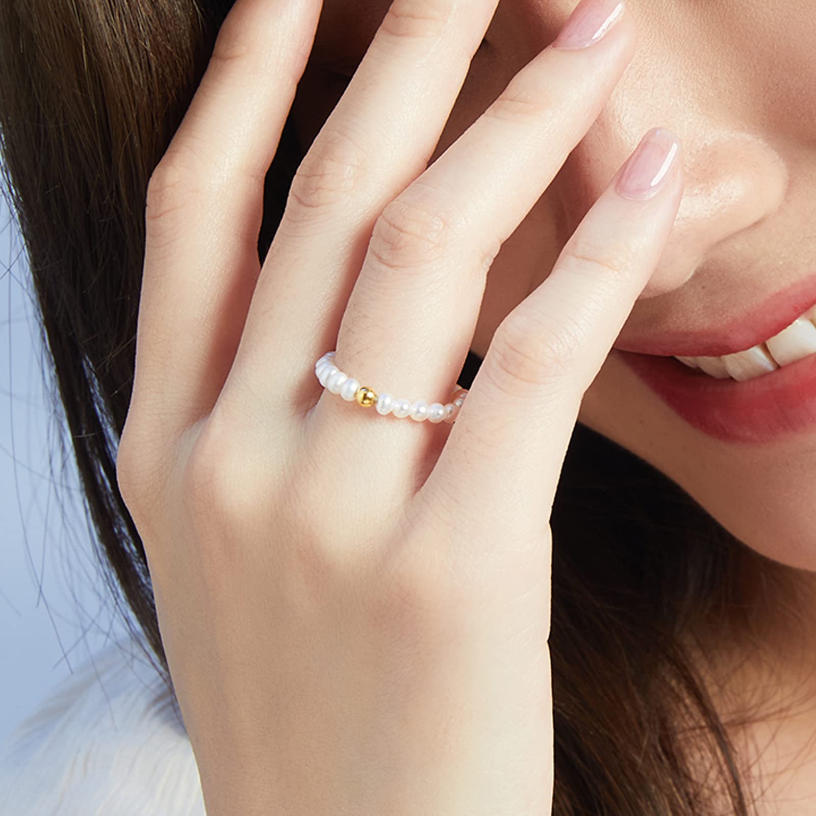 Zhou Liu Fu 18K Yellow Gold Adjustable Freshwater Pearl Ring - Real Natural Pearl Stretch Beaded Jewelry for Women, Mothers, Wives | Perfect for Anniversary, Birthday, Valentine's Day Gifts & Everyday Elegant Wear
