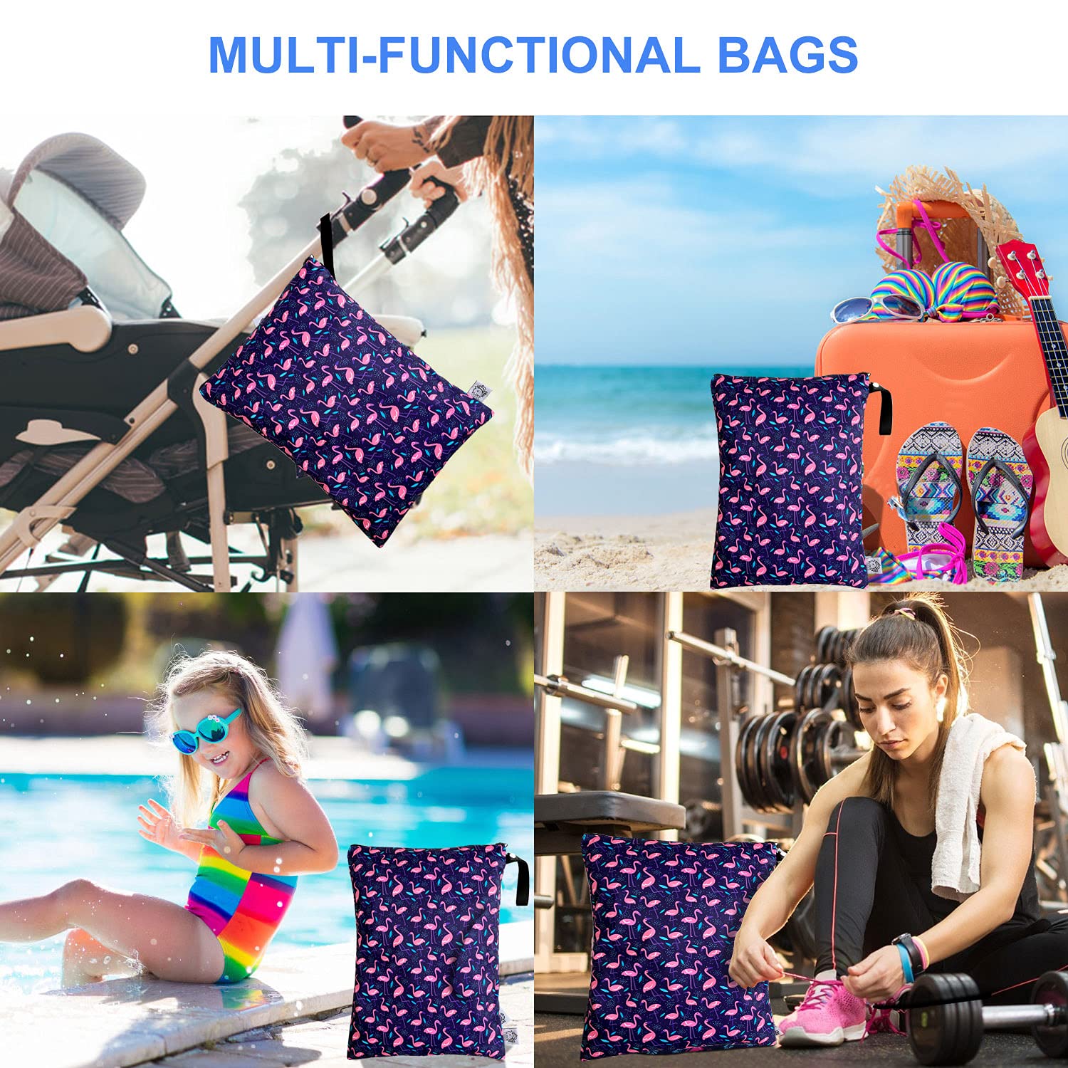 FLOCK THREE Washable Reusable Wet Bag - Waterproof Diaper Bag, Swim Bag & Travel Toiletries Pouch with Zipper (12.6