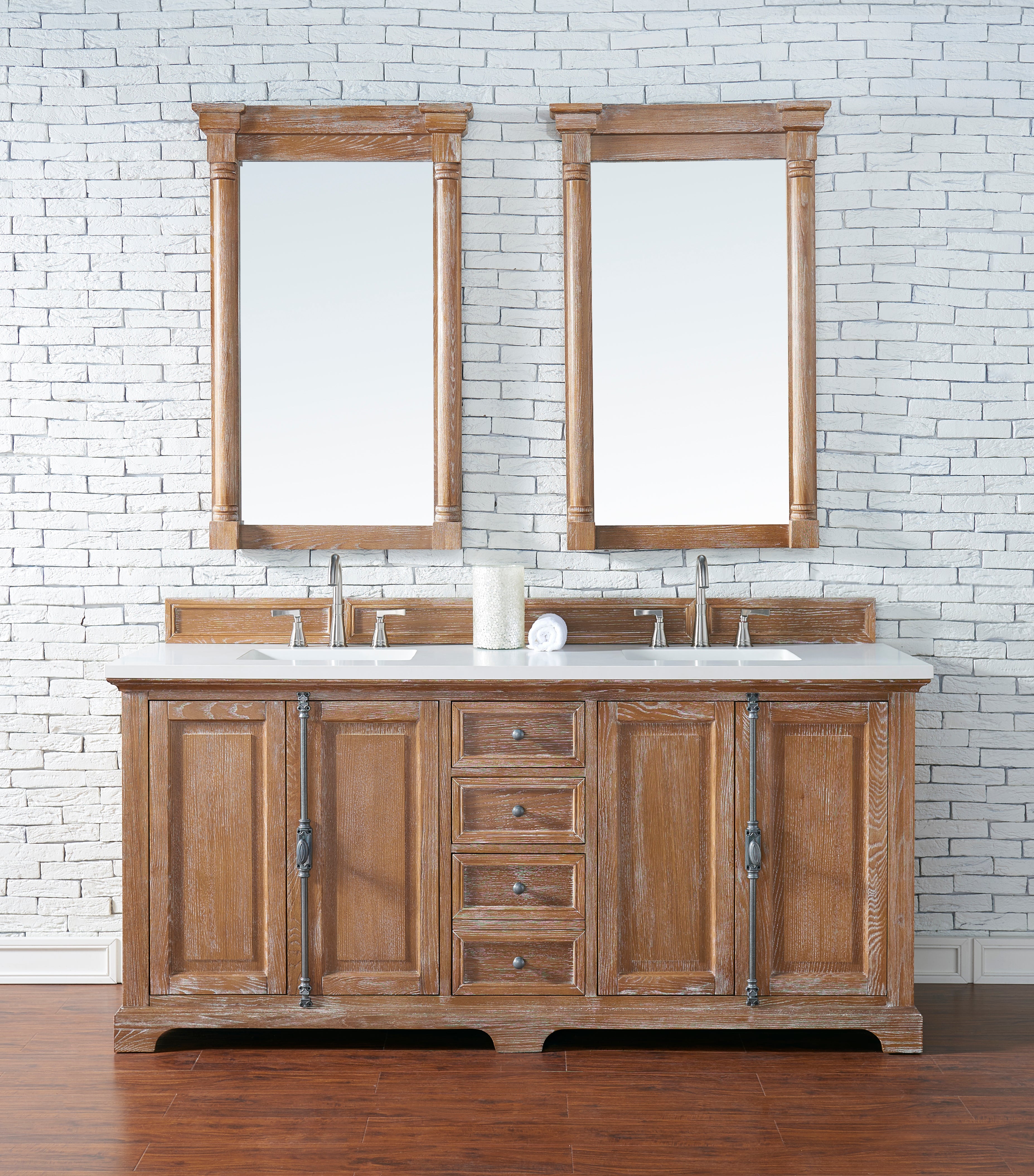 Providence 72-Inch Double Vanity Bathroom Cabinet in Driftwood Finish with 3CM White Zeus Quartz Countertop - Perfect for Master Bathroom Renovation and Luxury Home Upgrade
