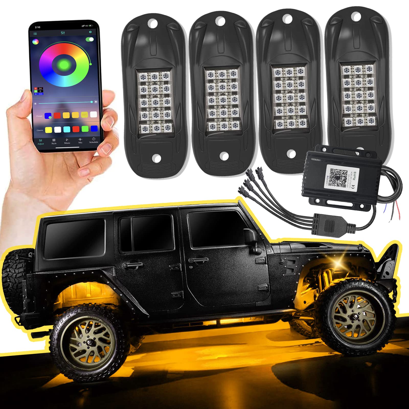RGB LED Rock Lights for Trucks & Cars - 4 Pods Neon Underglow Kit with Bluetooth App, RF Remote, Music Sync & Timing Function - Waterproof Exterior Lighting for Off-Road, Car Shows & Night Driving
