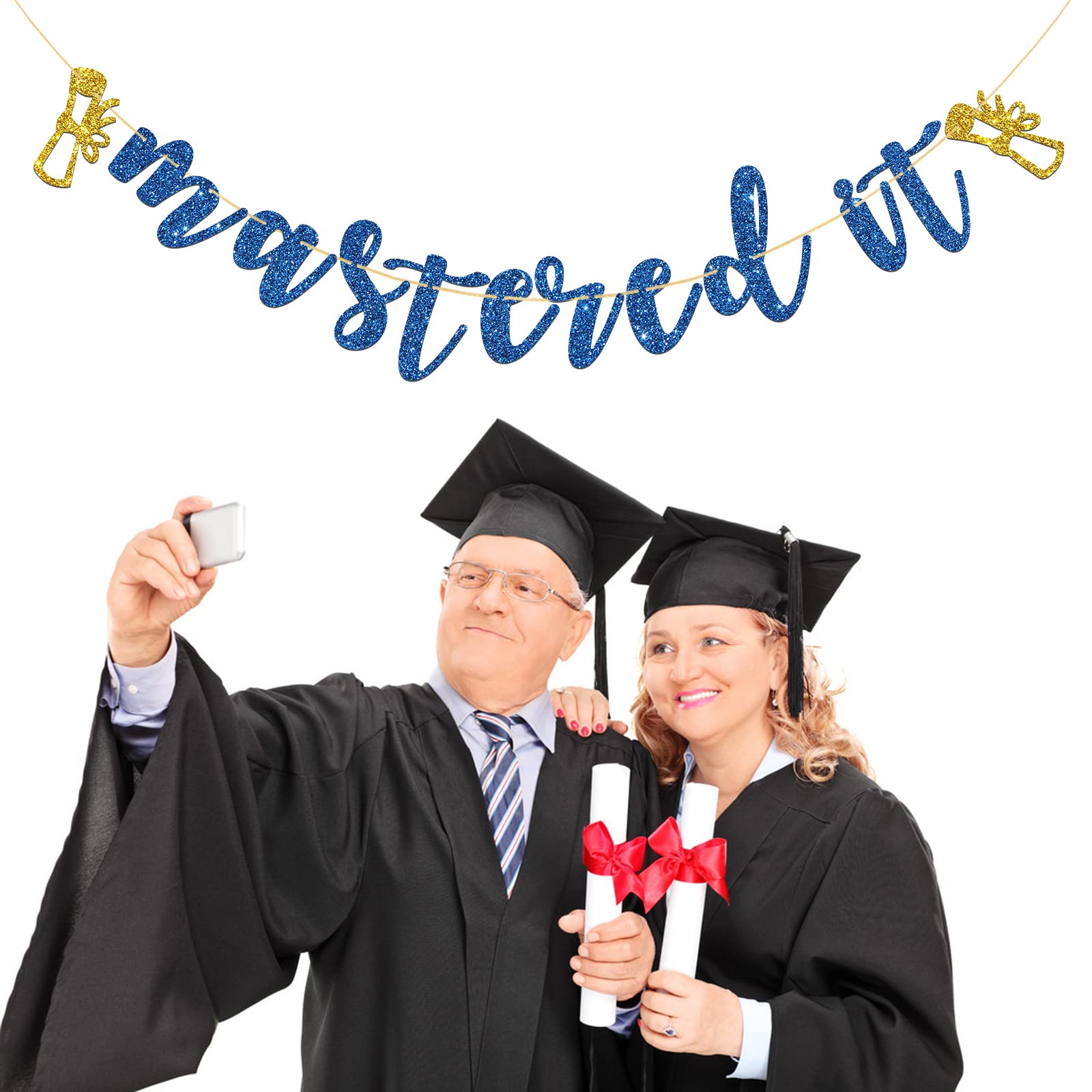 Mastered It Graduation Banner - Blue Glitter High School Graduation Party Decorations - Perfect for Graduation Celebrations, School Parties & Achievement Decor