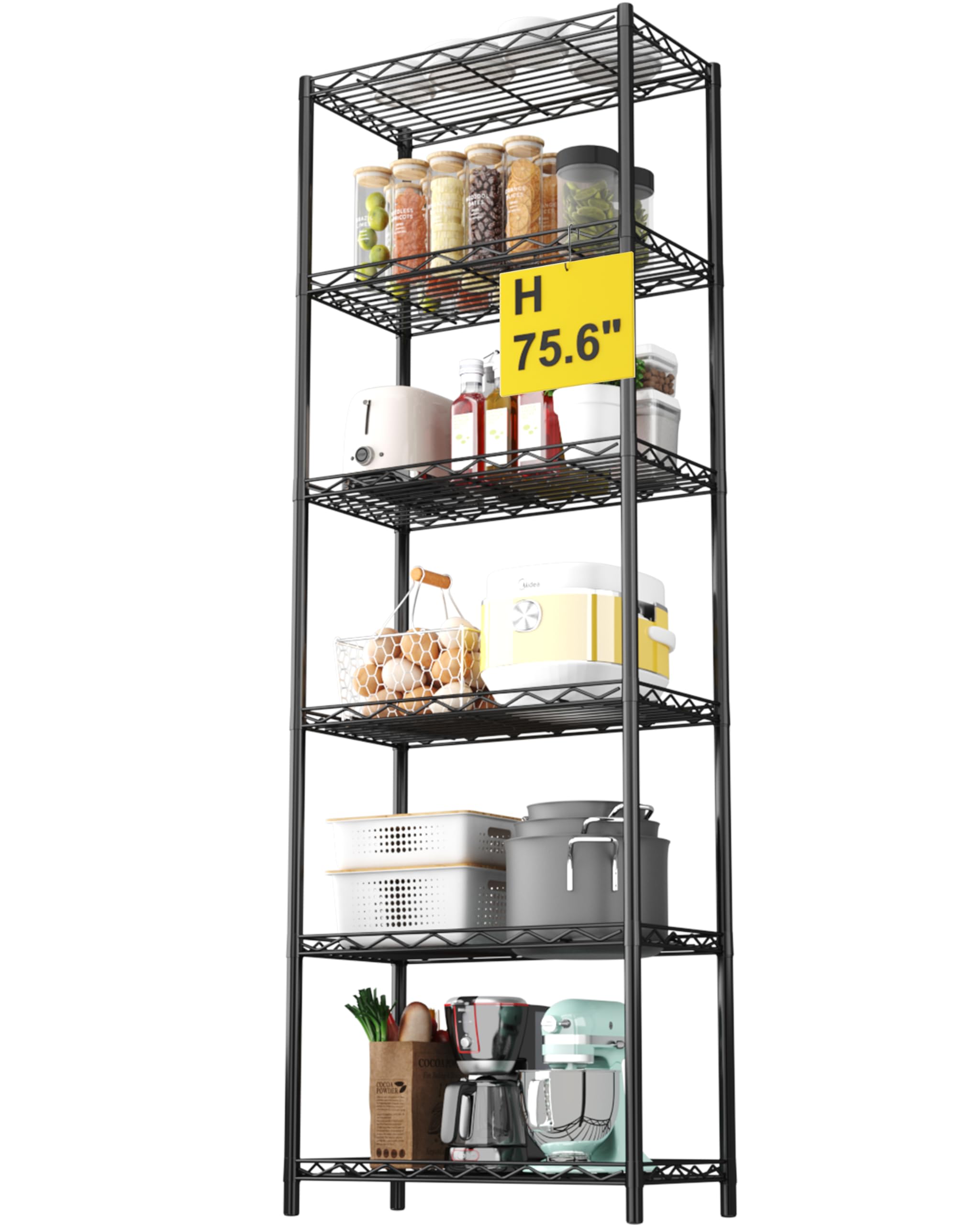 HOMEFORT 6-Tier Heavy Duty Wire Shelving Unit - 6 Shelf Metal Storage Rack for Pantry, Closet, Kitchen & Laundry Organization - Durable Space Saving Organizer (Black) - Ideal for Home Storage, Garage Shelving & Commercial Use