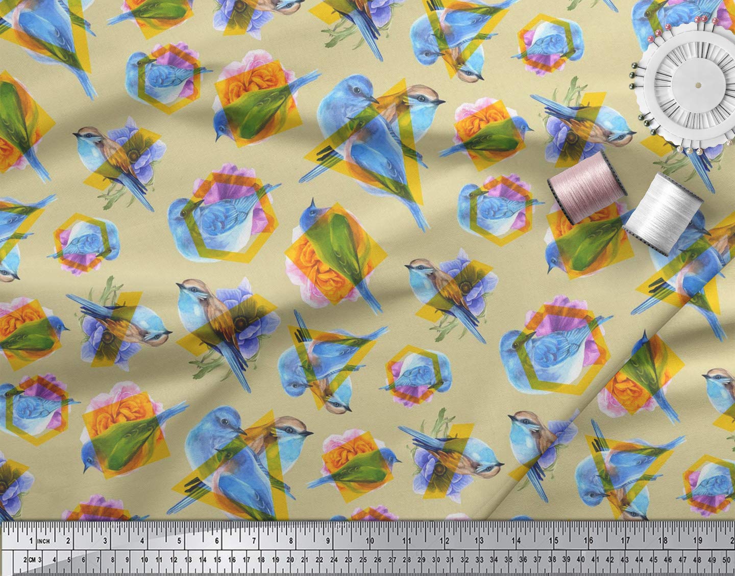 Soimoi Silk Beige Fabric by The Yard - 42 Inch Wide Geometric & Rollers Bird Print - Modern Playful Rollers Printed Silk Fabric for DIY Dresses, Curtains & Home Decor Projects