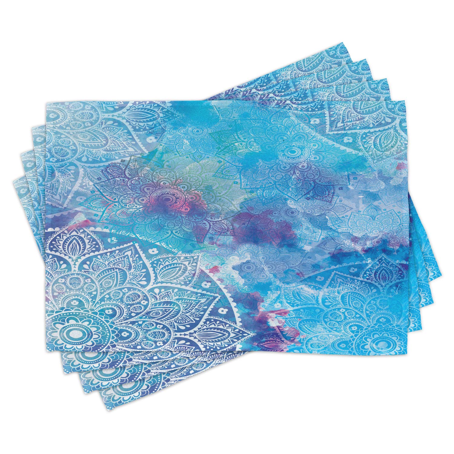 Ambesonne 4-Piece Mandala Placemats Set - Floral Watercolor Geometric Design Round Table Mats, Washable Fabric Dining Table Decor in Purple & Aqua - Perfect for Home, Restaurant, and Party Decorations