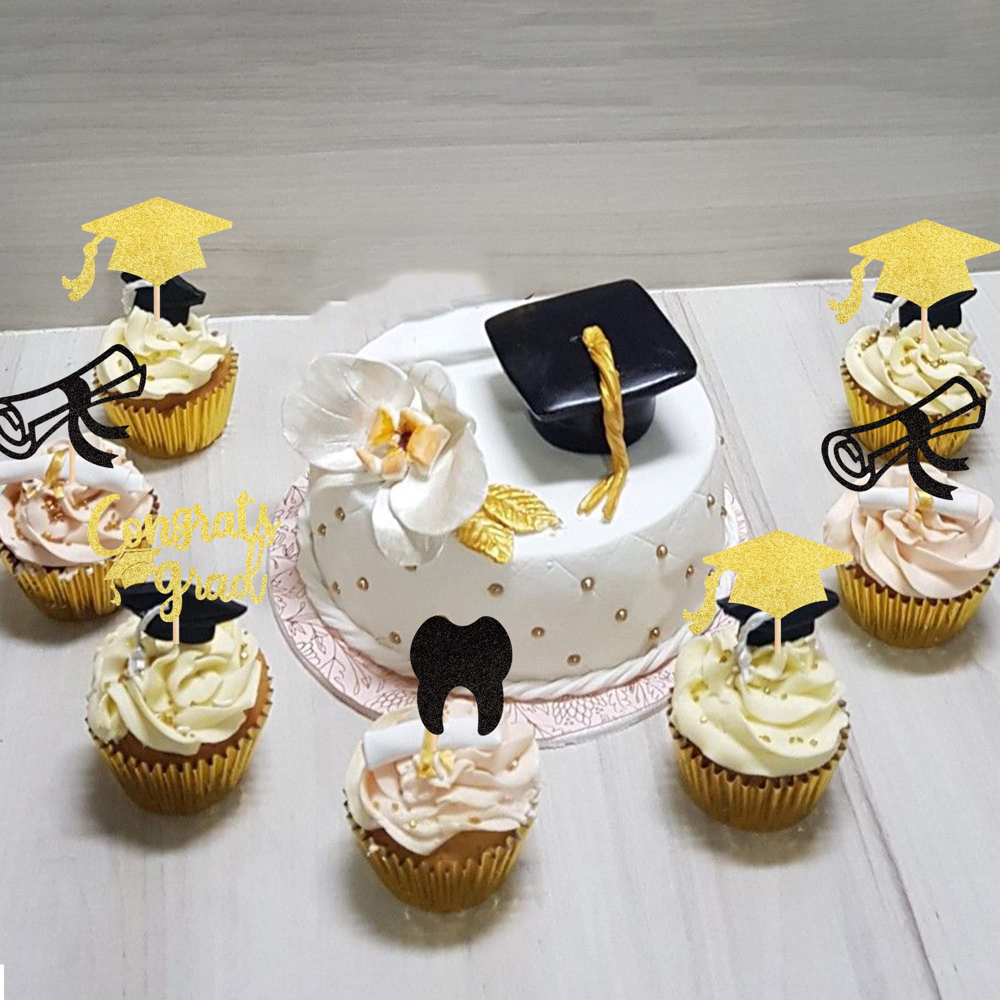 24 PCS 2025 Graduation Cupcake Toppers - Glitter Class of 2025 Cap & Diploma Designs - Dentist Congrats Grad Cupcake Picks for Graduation Party, Cake Decorations (Black & Gold) - Perfect for Dentist Graduation Celebrations, School Parties & Cake Decorating