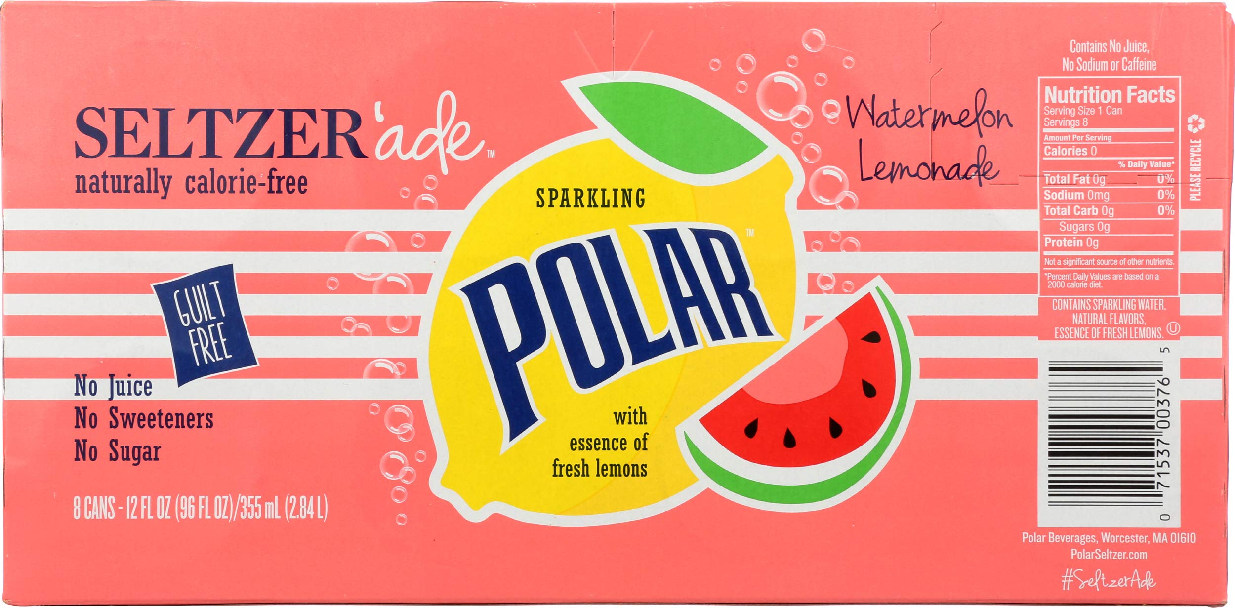 Refreshing Polar Seltzer Watermelon Lemonade - 12 Fl Oz (8 Pack) | Crisp & Fizzy Sparkling Water for Summer BBQs, Picnics & Healthy Hydration