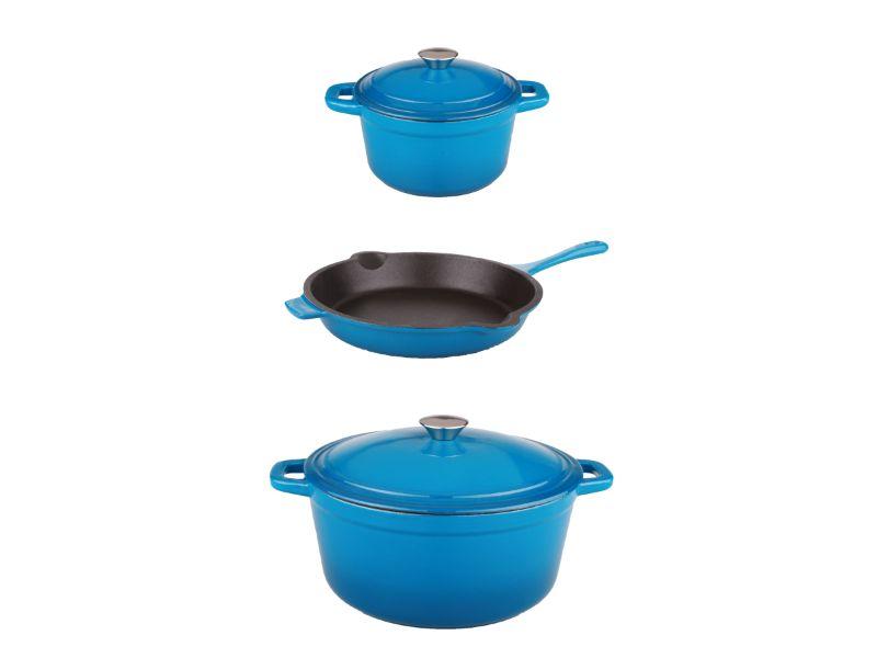 BergHOFF Neo 5-Piece Cast Iron Dutch Oven Set with 10-Inch Fry Pan, 3-Quart & 5-Quart Enameled Cookware, Cobalt Blue - Perfect for Braising, Stewing, Baking & Camping Cooking