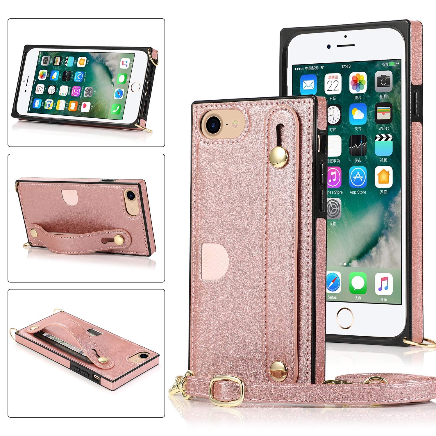 Slim Leather Wallet Case for iPhone 6/7/8 with Card Holder, Hand Strap & Adjustable Shoulder Strap - Rose Gold | Crossbody Phone Cover with Kickstand for Daily Use, Shopping & Travel