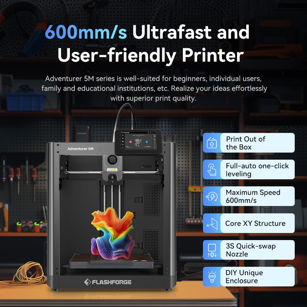 FlashForge Adventurer 5M 3D Printer - Auto Leveling, 600mm/s High Speed, 280℃ Quick-Detach Nozzle, CoreXY Structure | Perfect for Home, School & Professional 3D Printing Projects